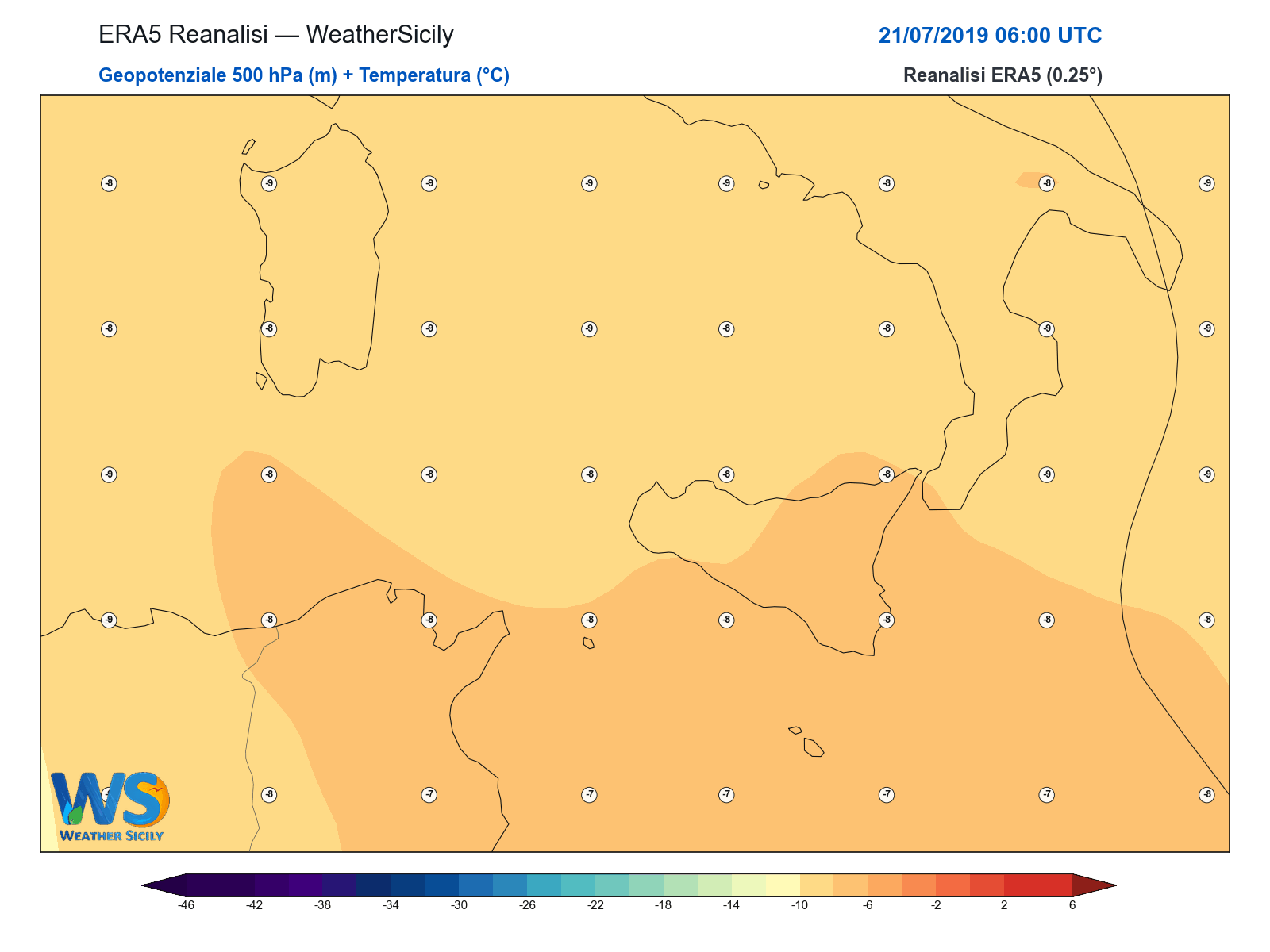 Geopotenziale 500 hPa + Temperatura · 2019072106