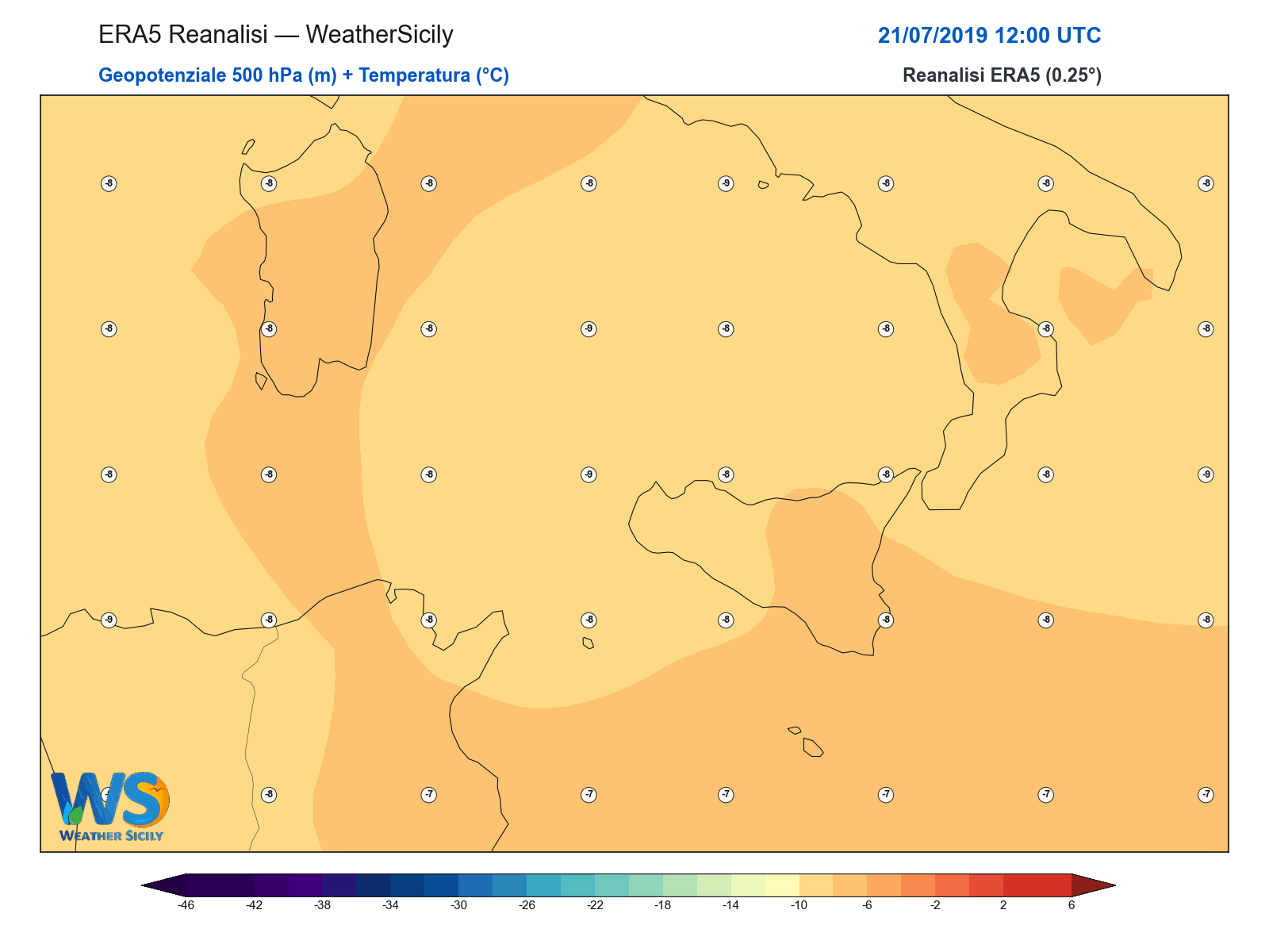Geopotenziale 500 hPa + Temperatura · 2019072112