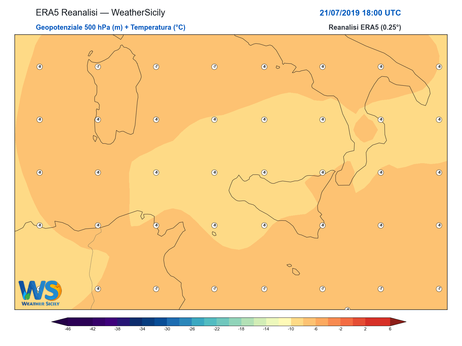 Geopotenziale 500 hPa + Temperatura · 2019072118