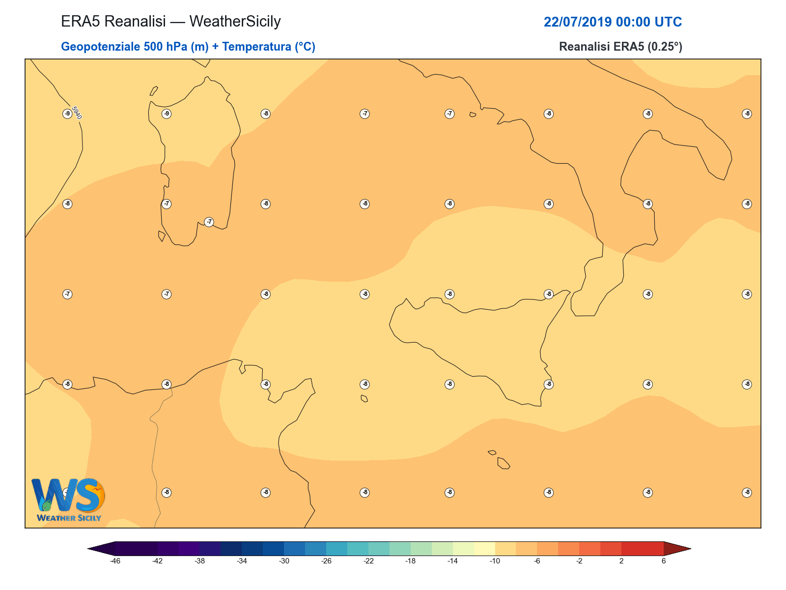 Geopotenziale 500 hPa + Temperatura · 2019072200