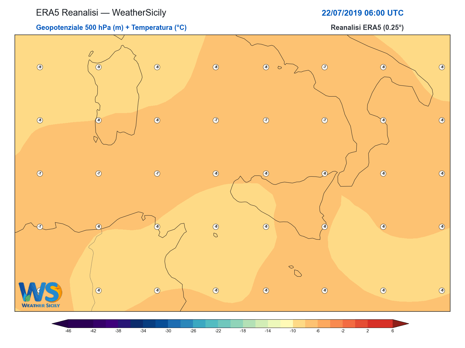 Geopotenziale 500 hPa + Temperatura · 2019072206