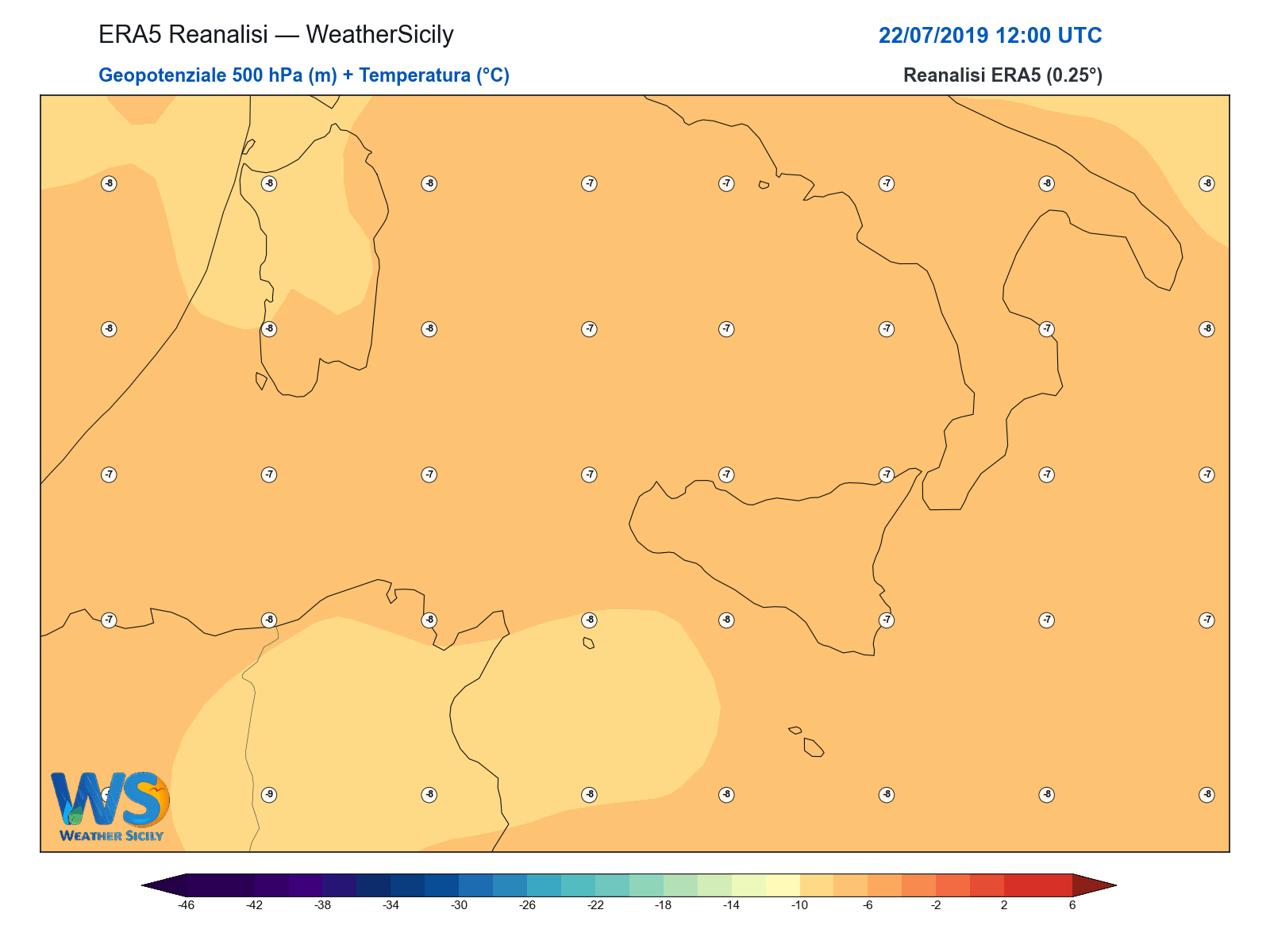 Geopotenziale 500 hPa + Temperatura · 2019072212