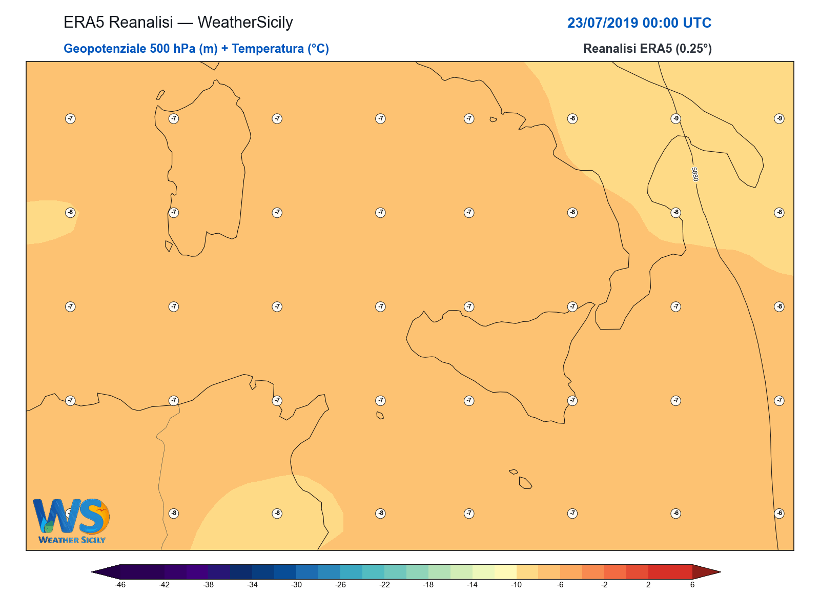 Geopotenziale 500 hPa + Temperatura · 2019072300