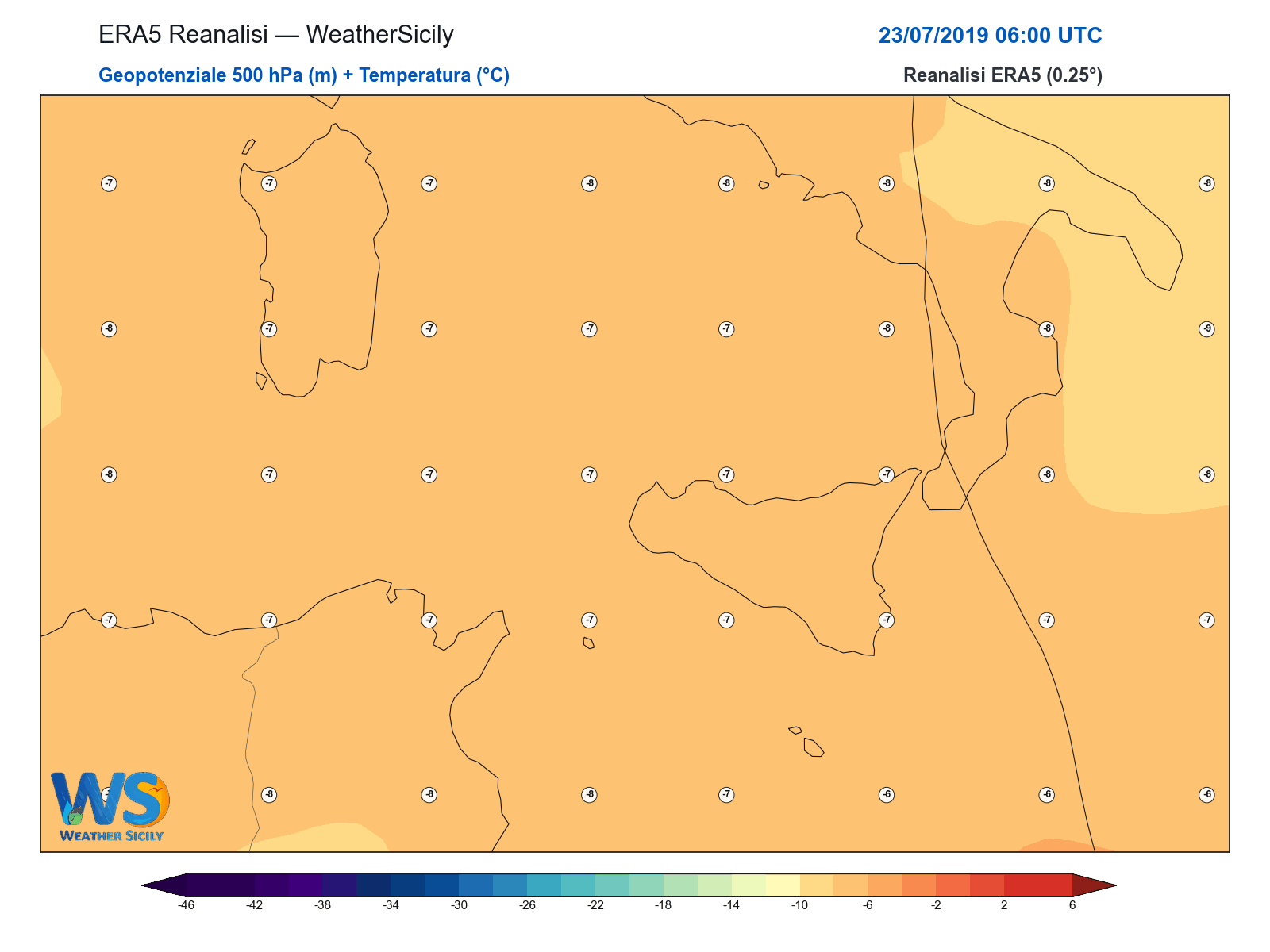 Geopotenziale 500 hPa + Temperatura · 2019072306
