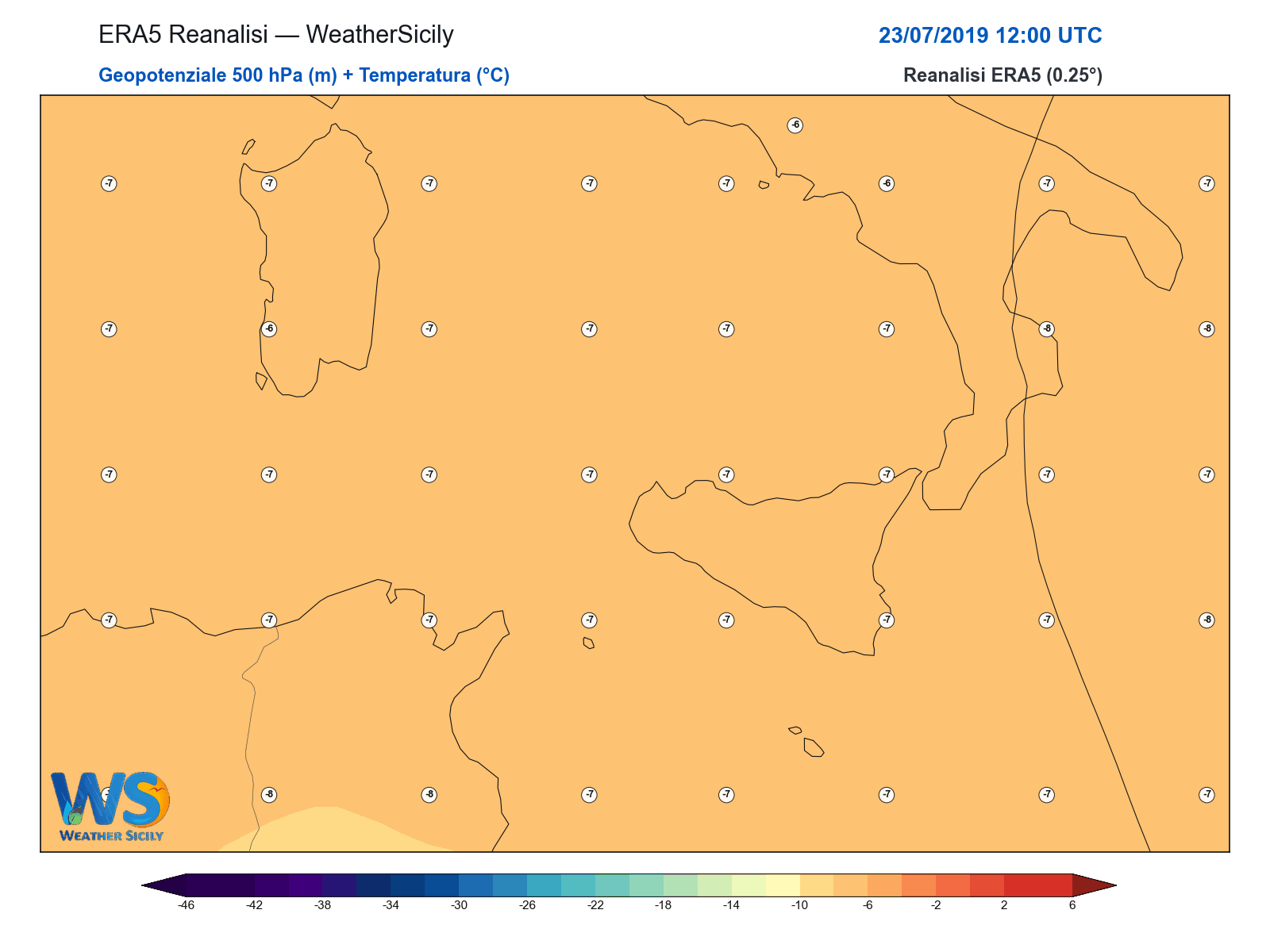 Geopotenziale 500 hPa + Temperatura · 2019072312