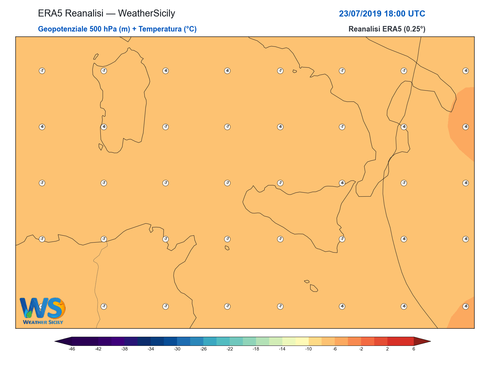 Geopotenziale 500 hPa + Temperatura · 2019072318