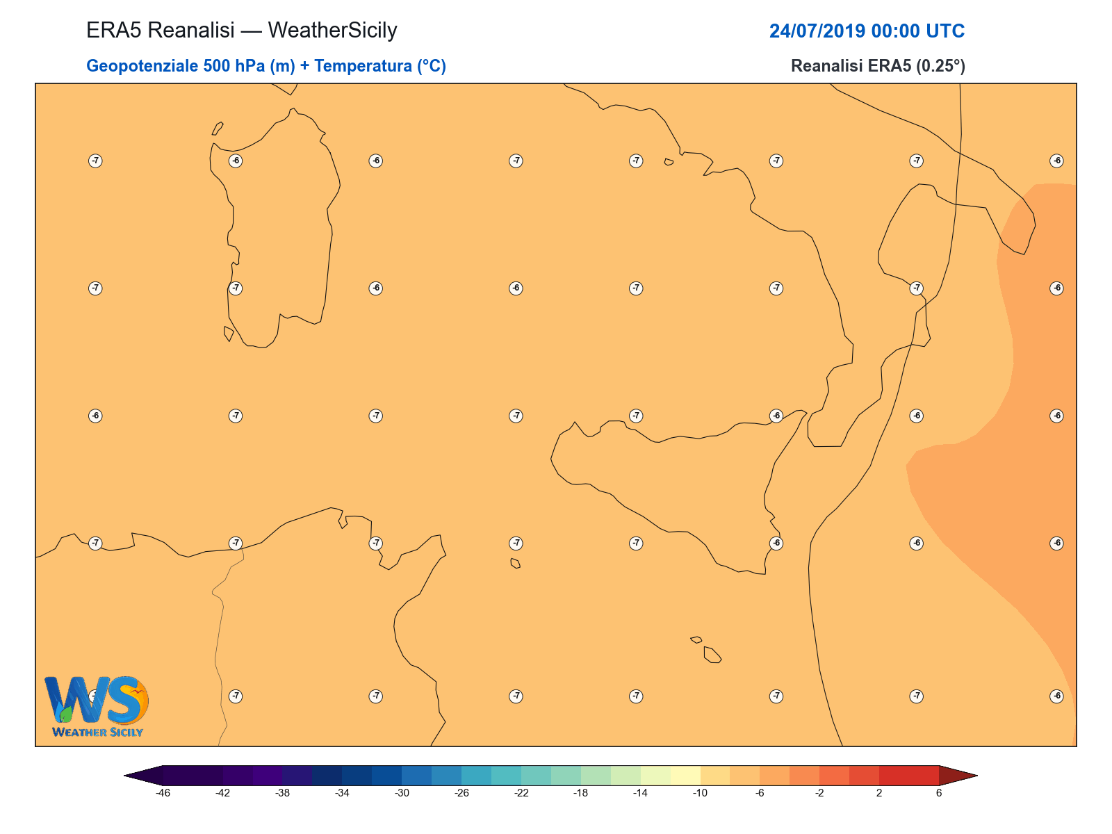 Geopotenziale 500 hPa + Temperatura · 2019072400