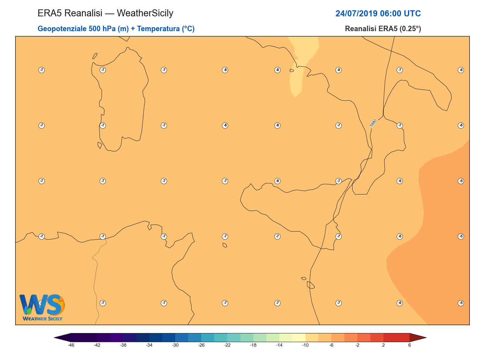 Geopotenziale 500 hPa + Temperatura · 2019072406