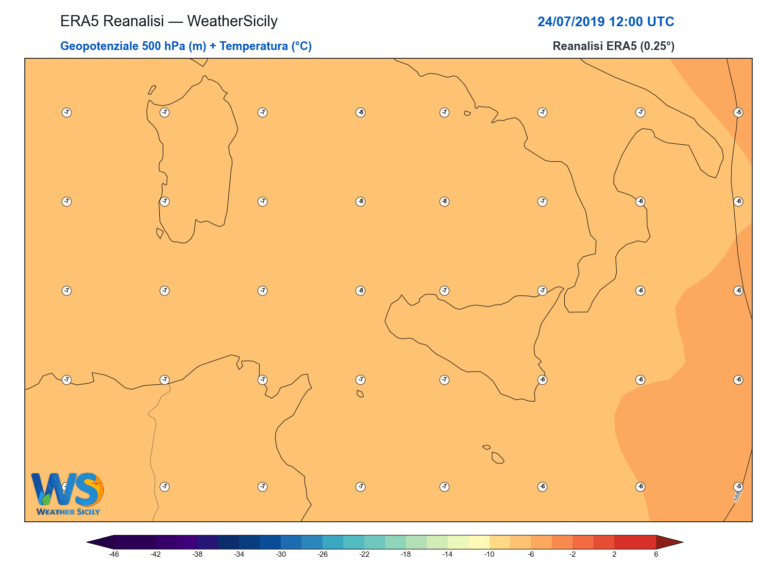 Geopotenziale 500 hPa + Temperatura · 2019072412