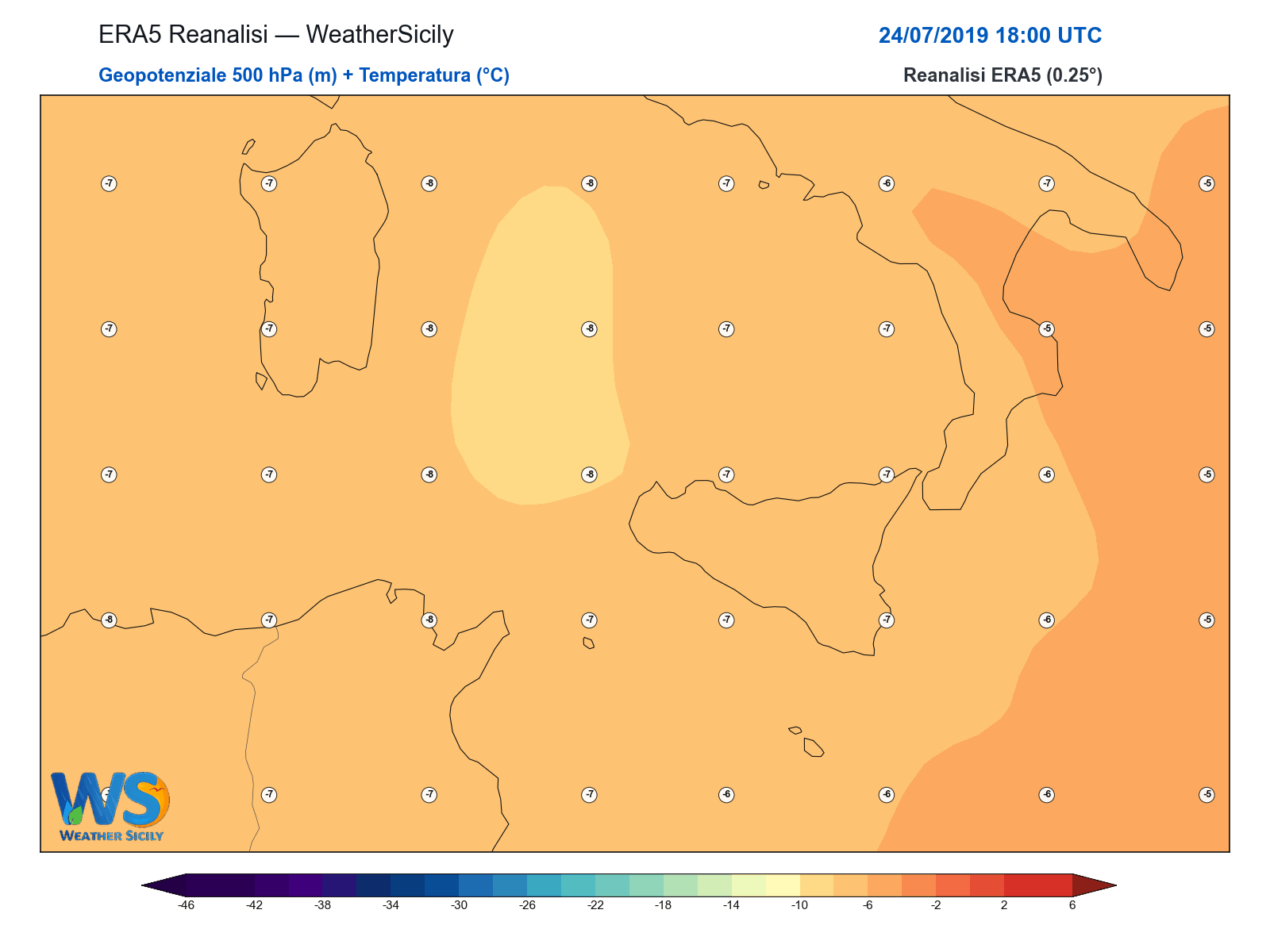 Geopotenziale 500 hPa + Temperatura · 2019072418