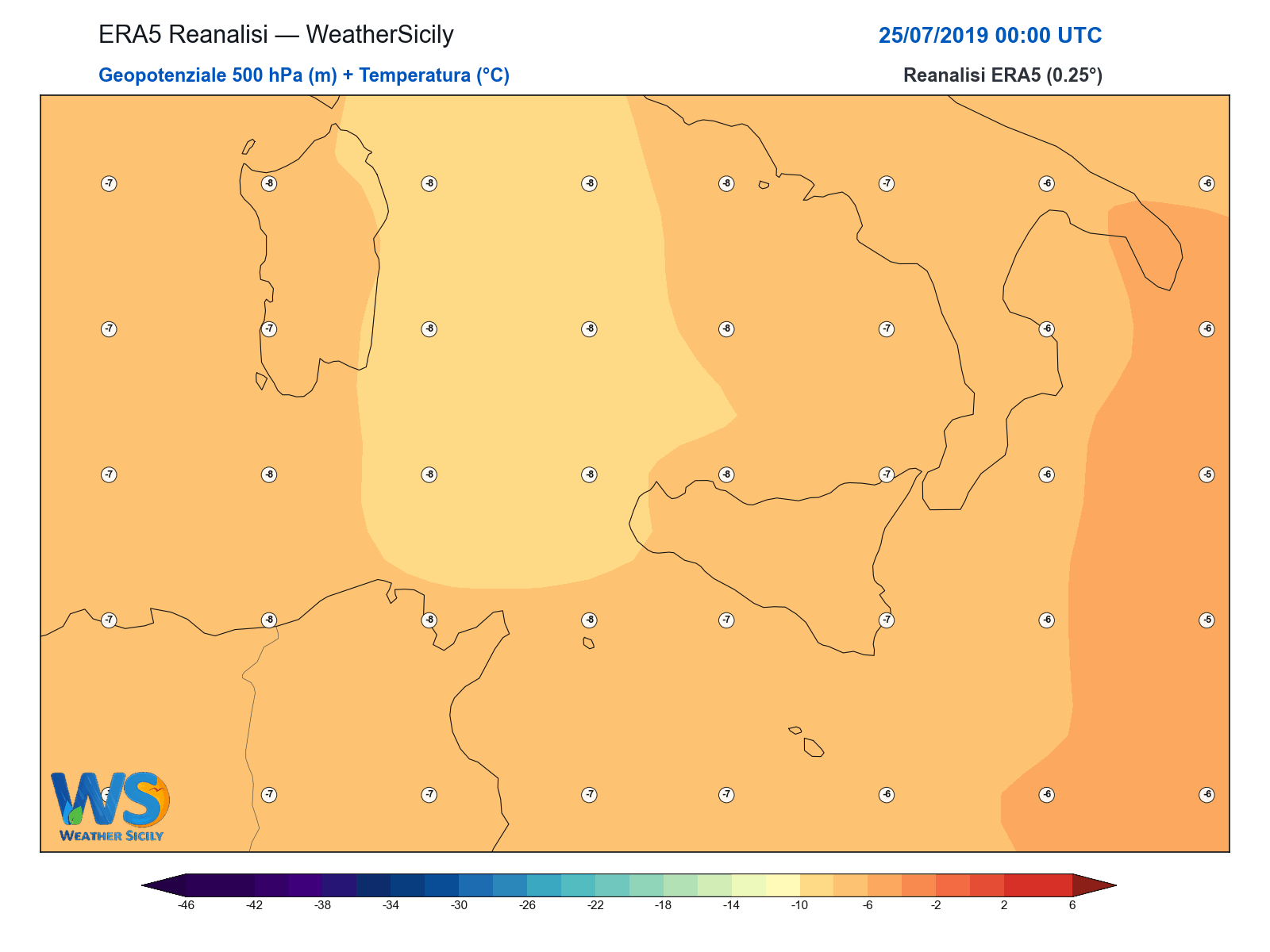 Geopotenziale 500 hPa + Temperatura · 2019072500