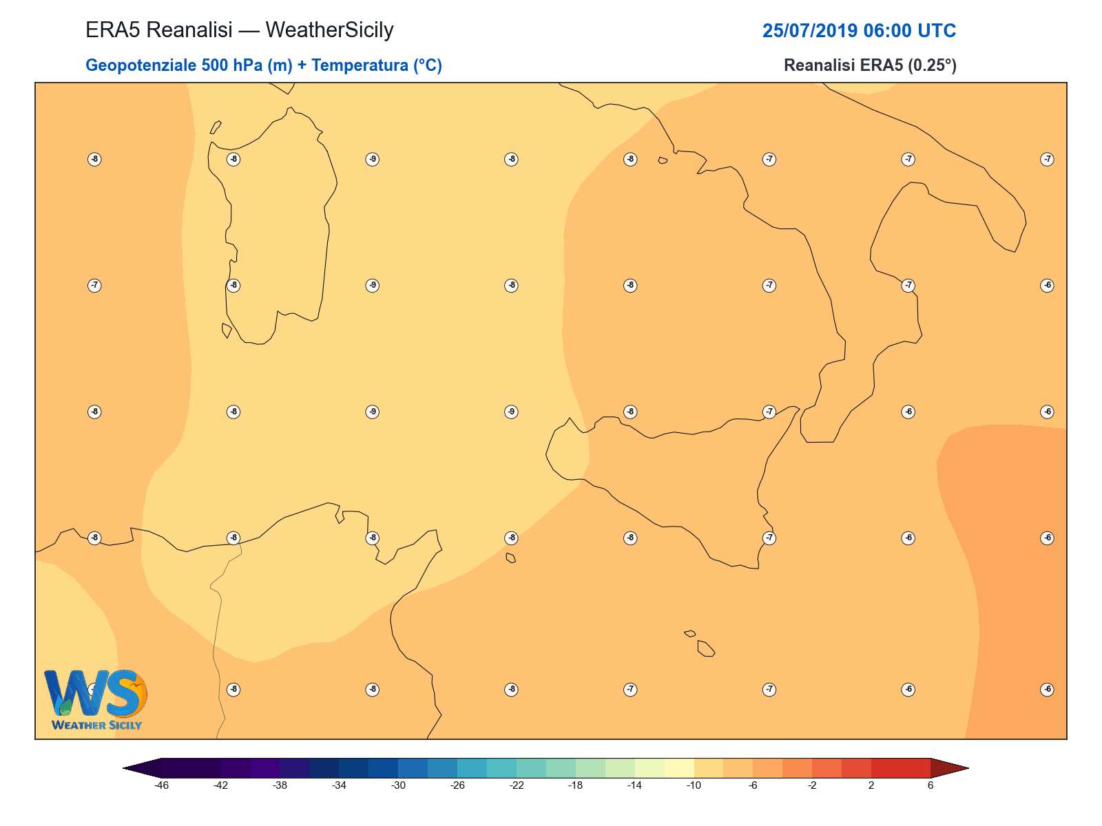Geopotenziale 500 hPa + Temperatura · 2019072506