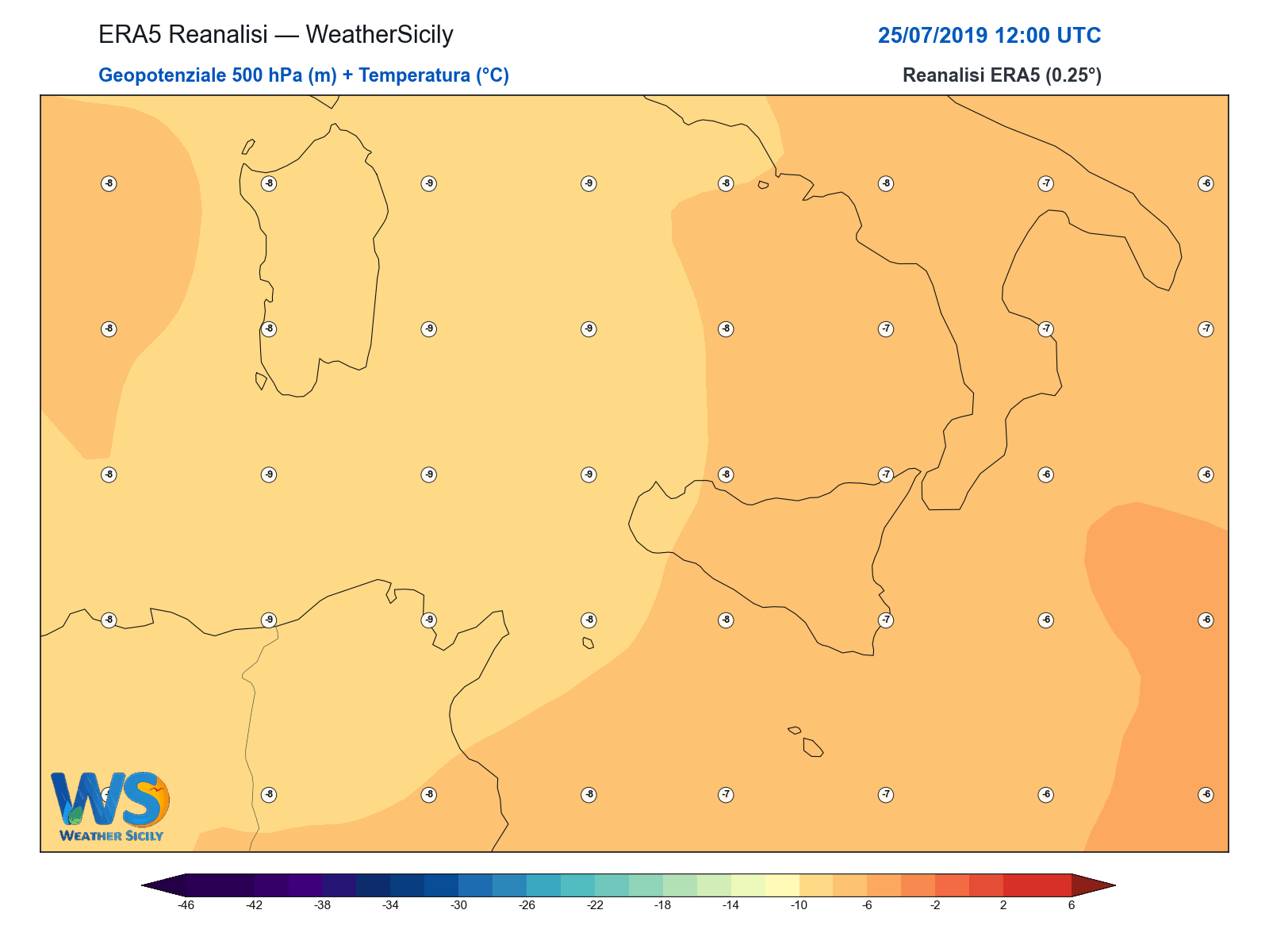 Geopotenziale 500 hPa + Temperatura · 2019072512