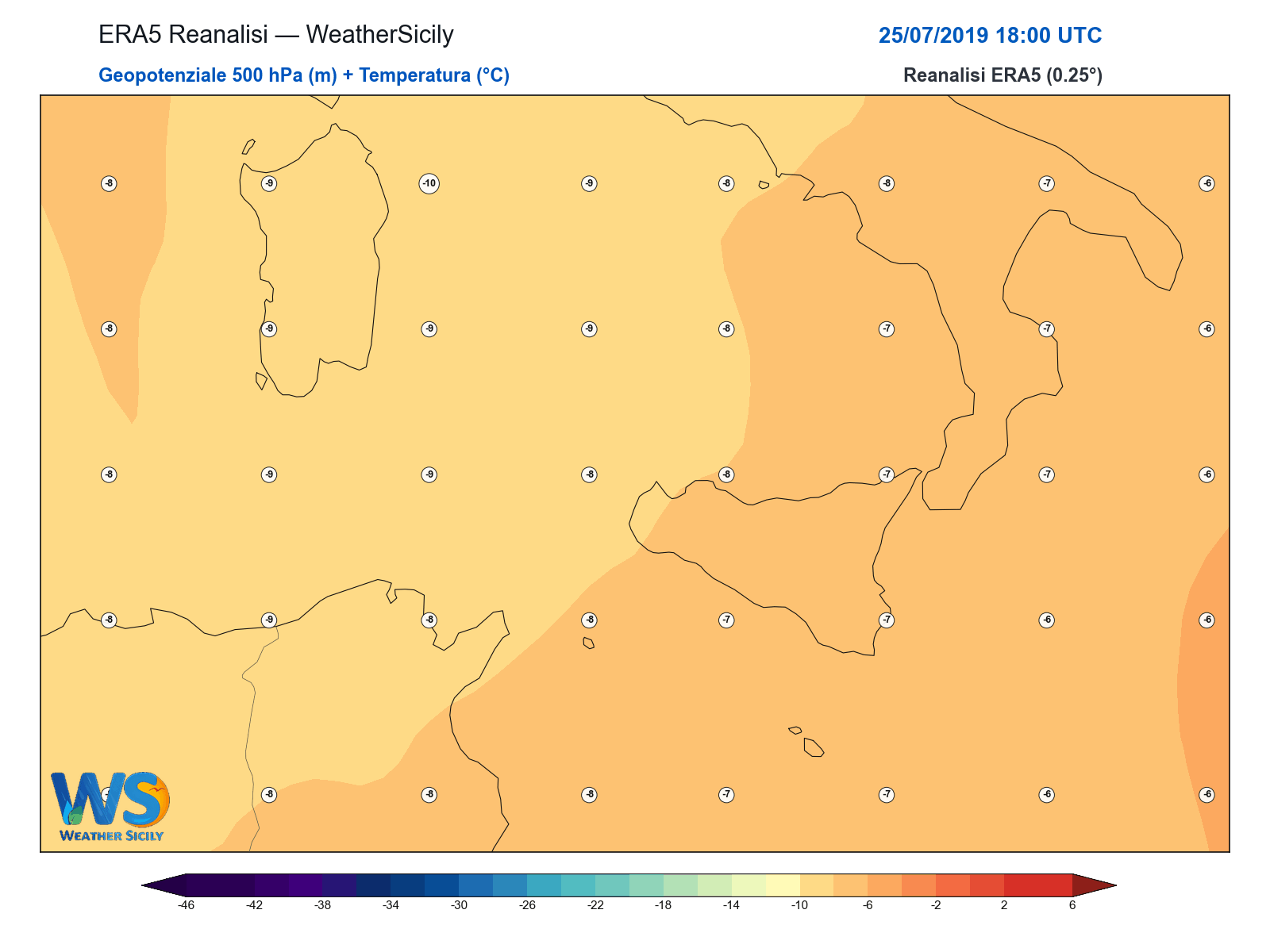 Geopotenziale 500 hPa + Temperatura · 2019072518