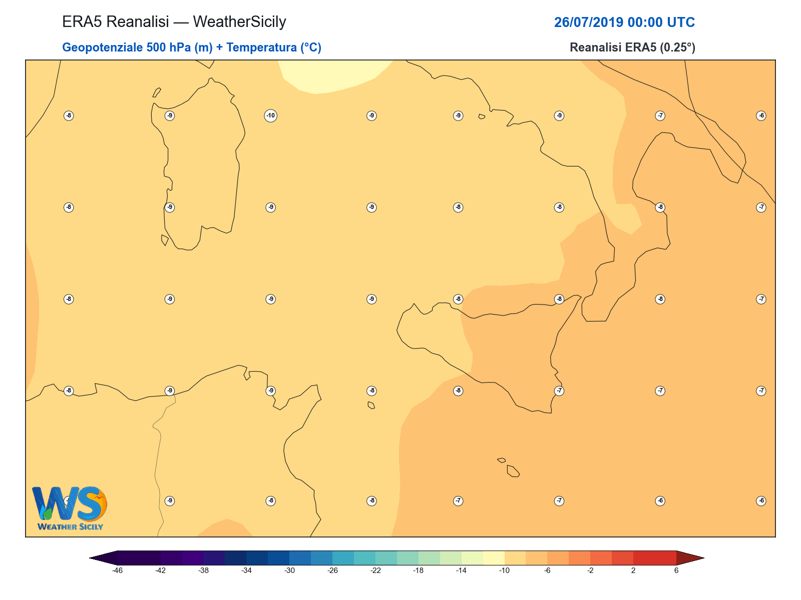 Geopotenziale 500 hPa + Temperatura · 2019072600