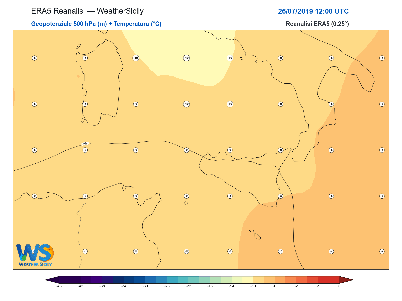 Geopotenziale 500 hPa + Temperatura · 2019072612