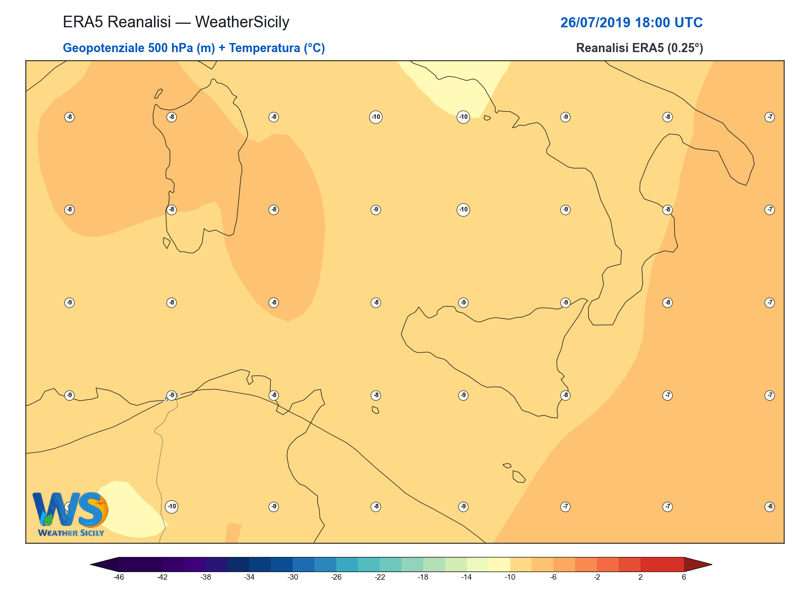 Geopotenziale 500 hPa + Temperatura · 2019072618