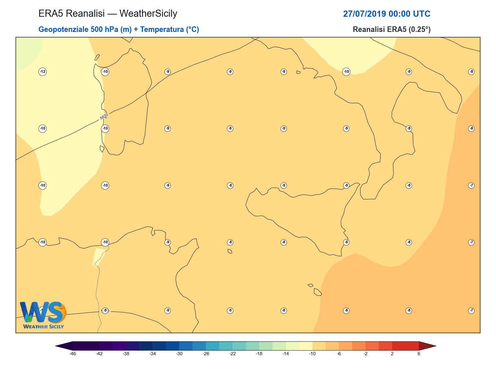 Geopotenziale 500 hPa + Temperatura · 2019072700