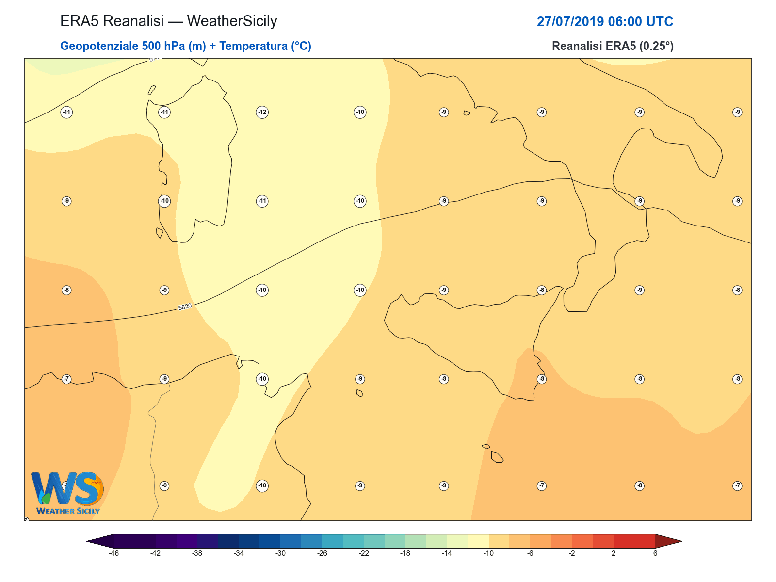 Geopotenziale 500 hPa + Temperatura · 2019072706