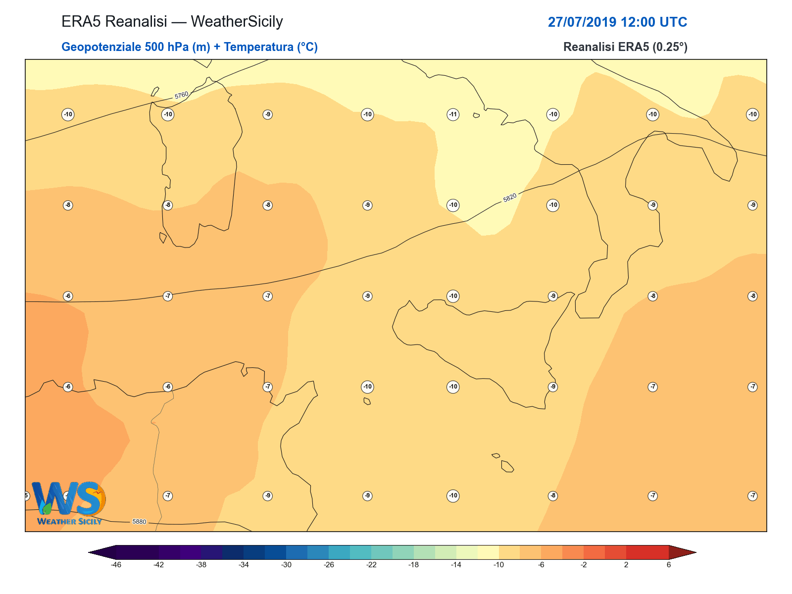 Geopotenziale 500 hPa + Temperatura · 2019072712