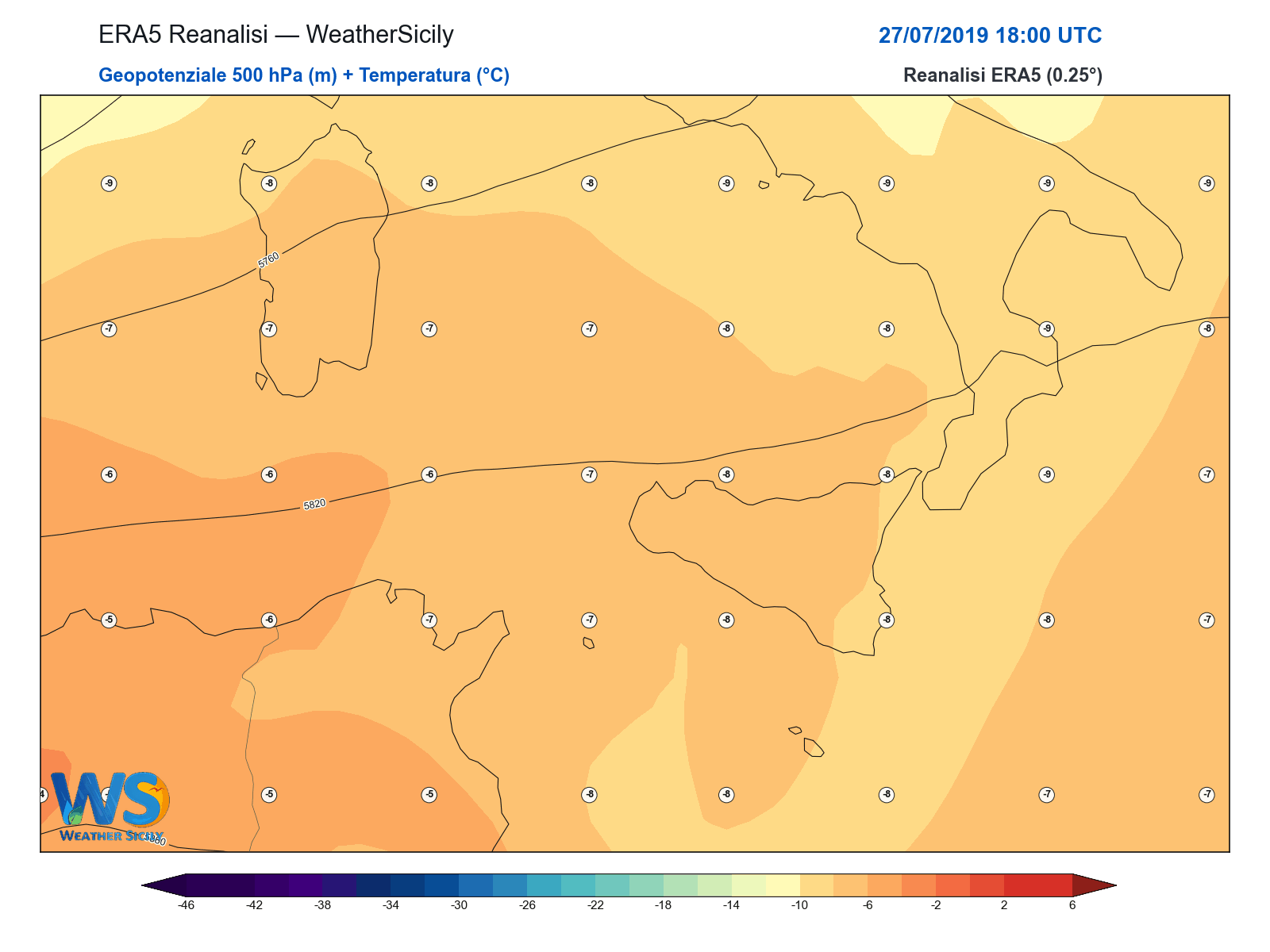 Geopotenziale 500 hPa + Temperatura · 2019072718