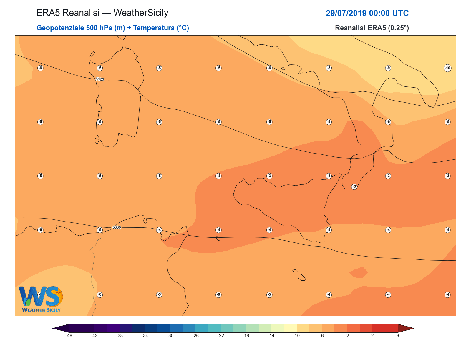 Geopotenziale 500 hPa + Temperatura · 2019072900
