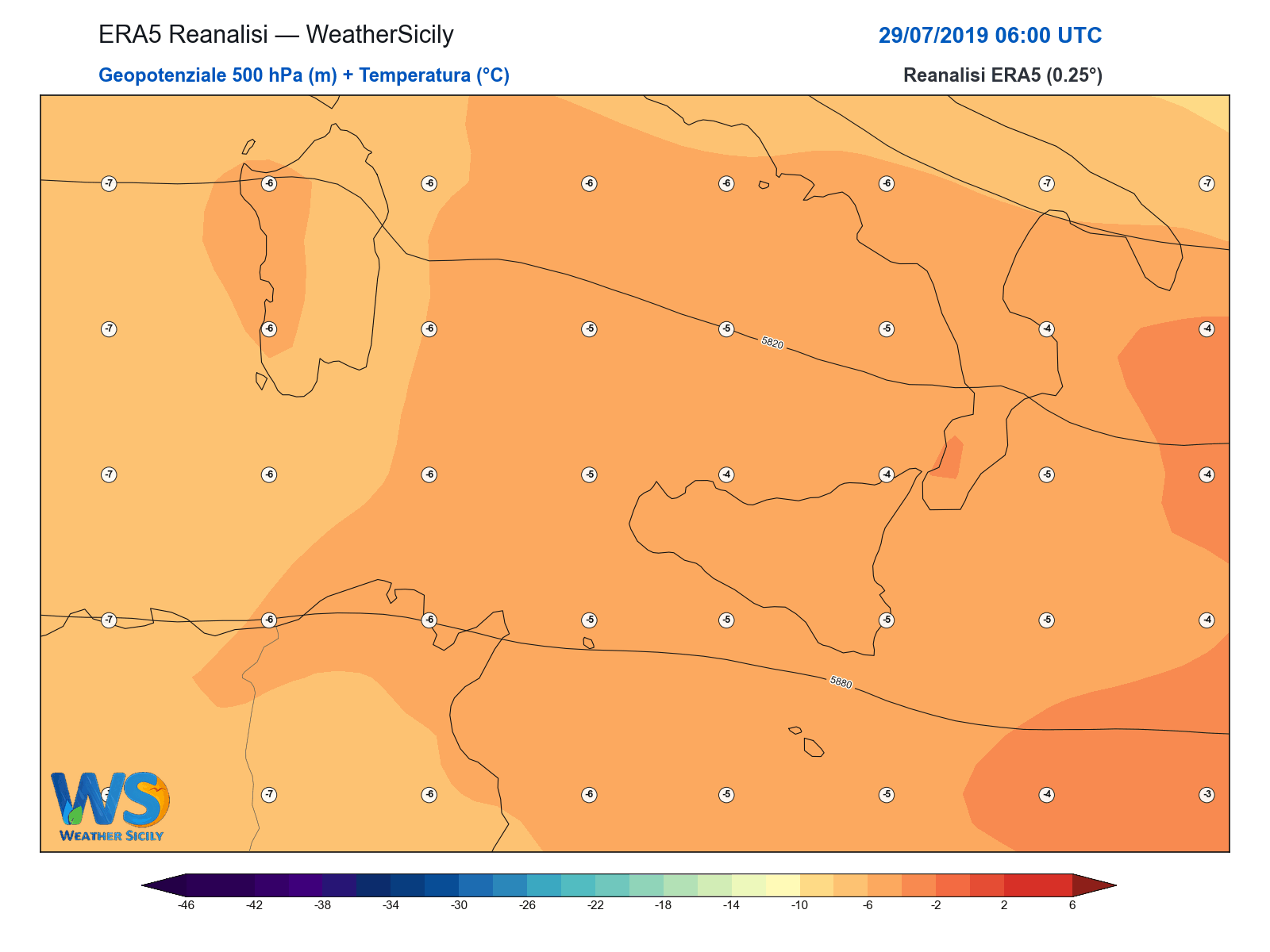 Geopotenziale 500 hPa + Temperatura · 2019072906