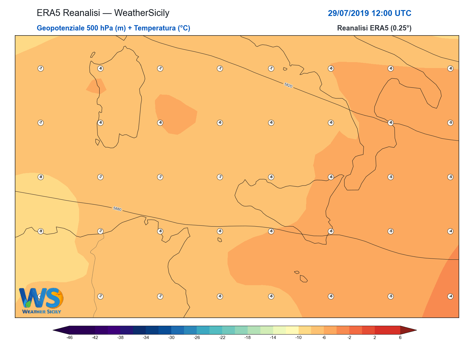 Geopotenziale 500 hPa + Temperatura · 2019072912