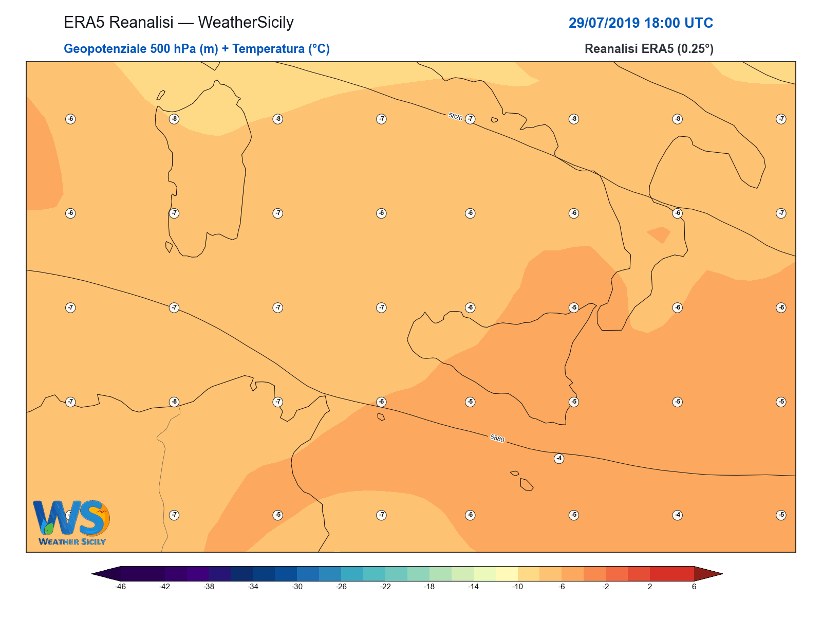 Geopotenziale 500 hPa + Temperatura · 2019072918