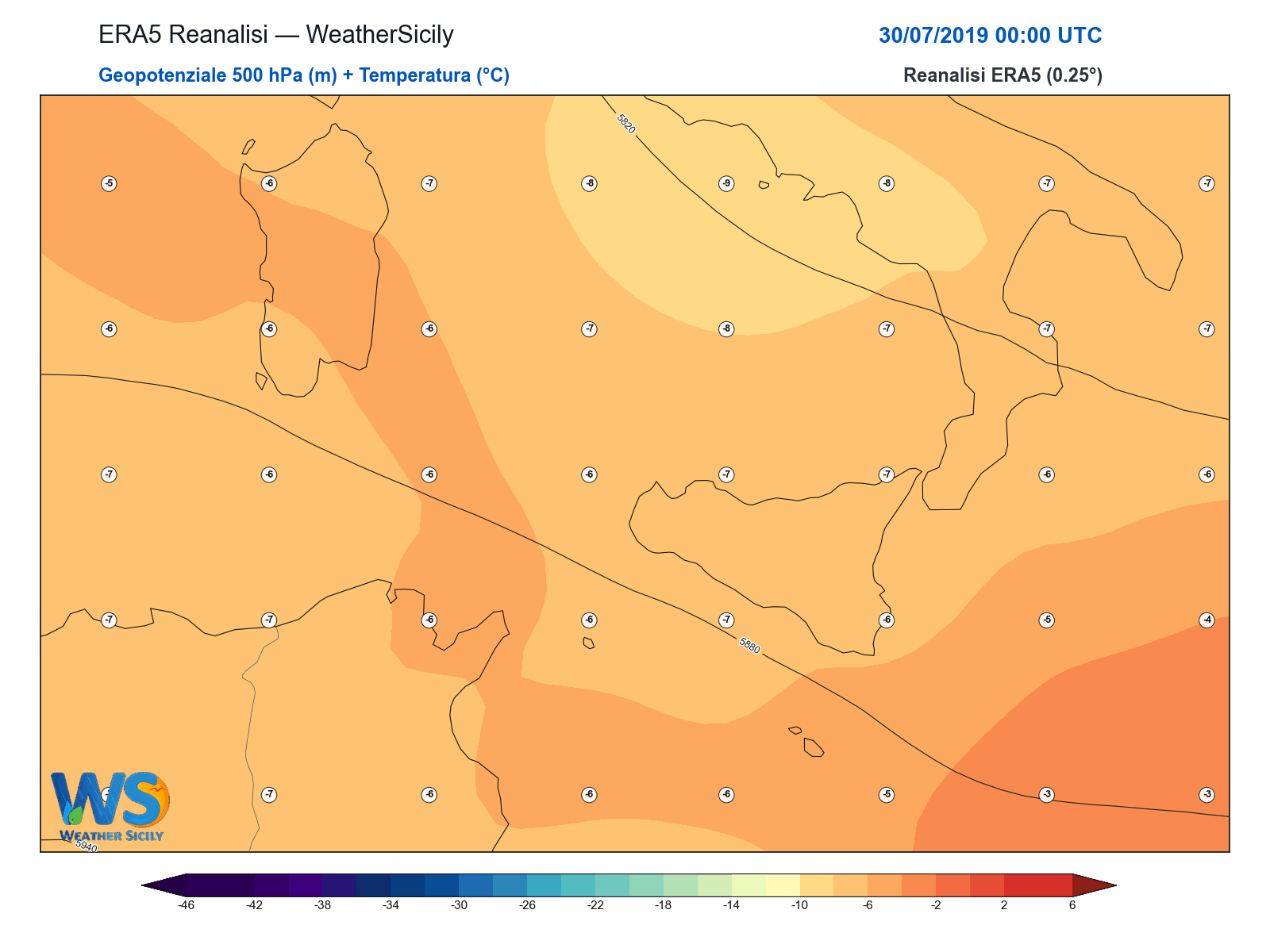 Geopotenziale 500 hPa + Temperatura · 2019073000