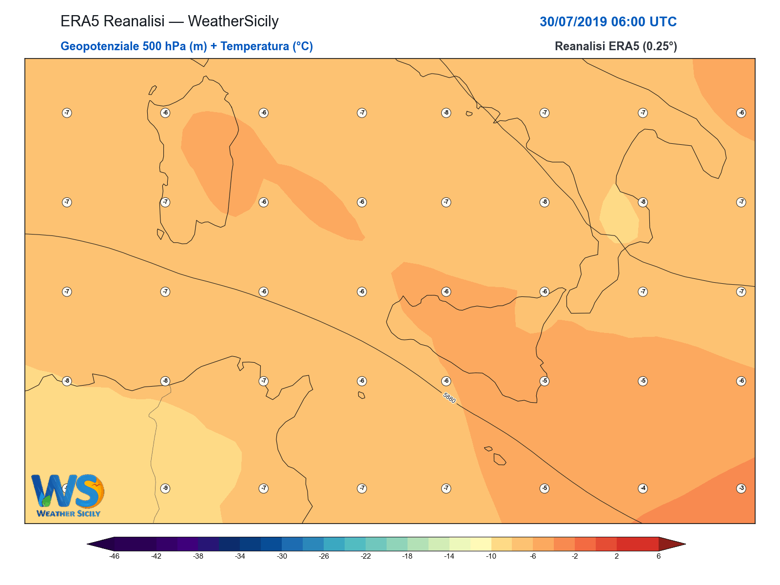 Geopotenziale 500 hPa + Temperatura · 2019073006
