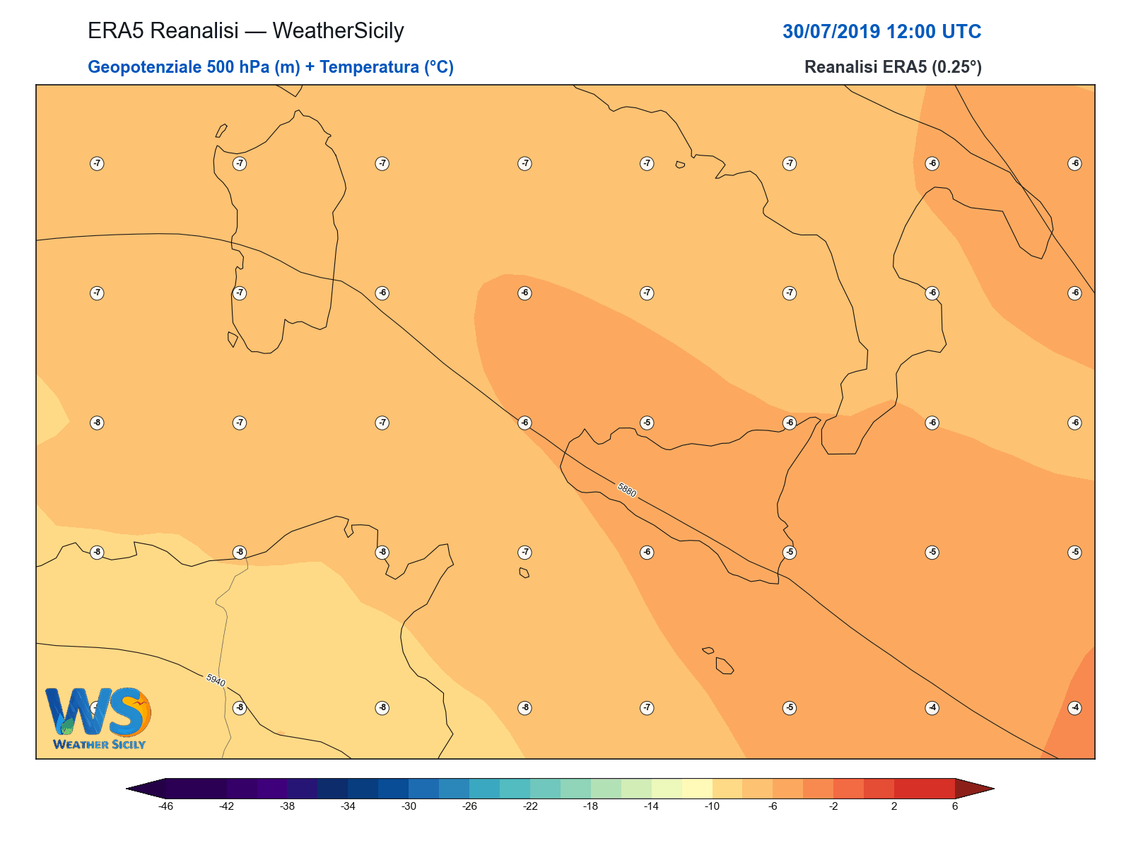Geopotenziale 500 hPa + Temperatura · 2019073012