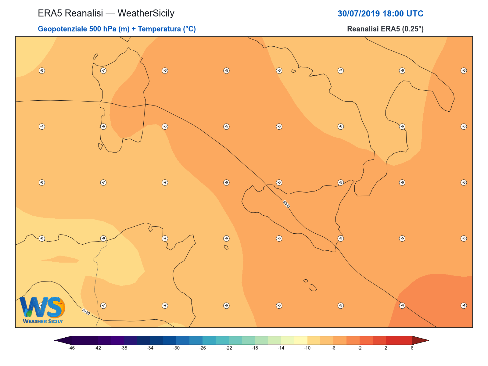 Geopotenziale 500 hPa + Temperatura · 2019073018