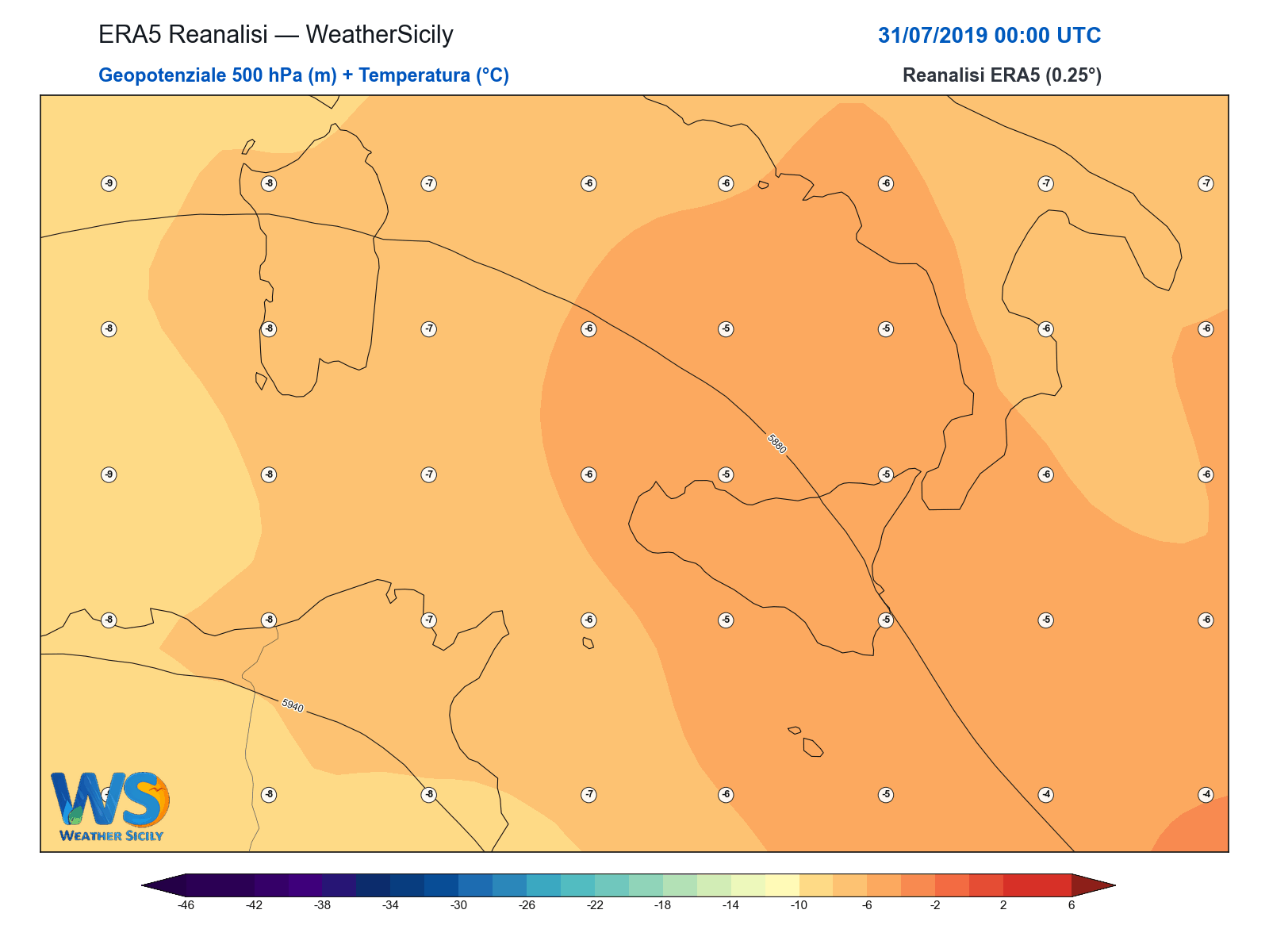 Geopotenziale 500 hPa + Temperatura · 2019073100