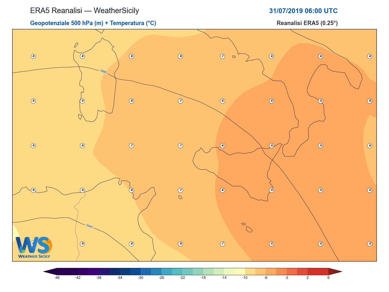 Geopotenziale 500 hPa + Temperatura · 2019073106