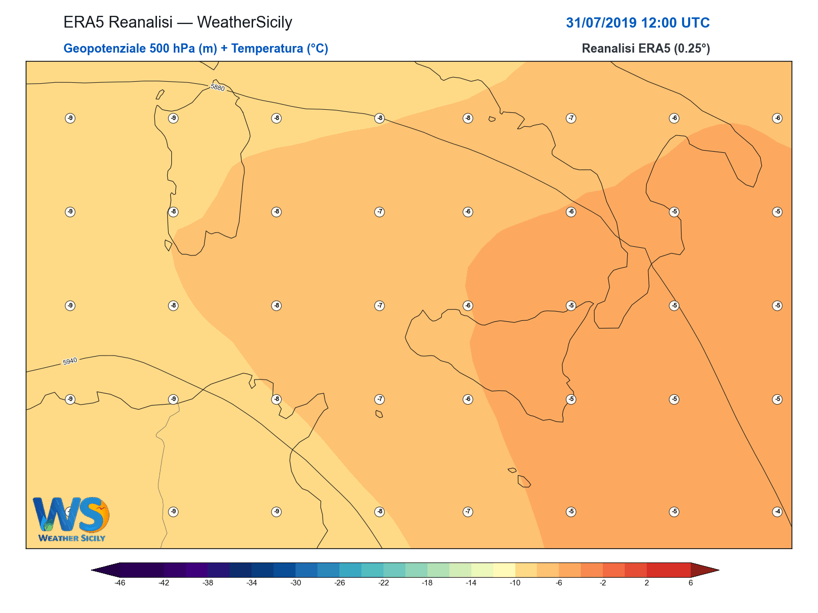 Geopotenziale 500 hPa + Temperatura · 2019073112