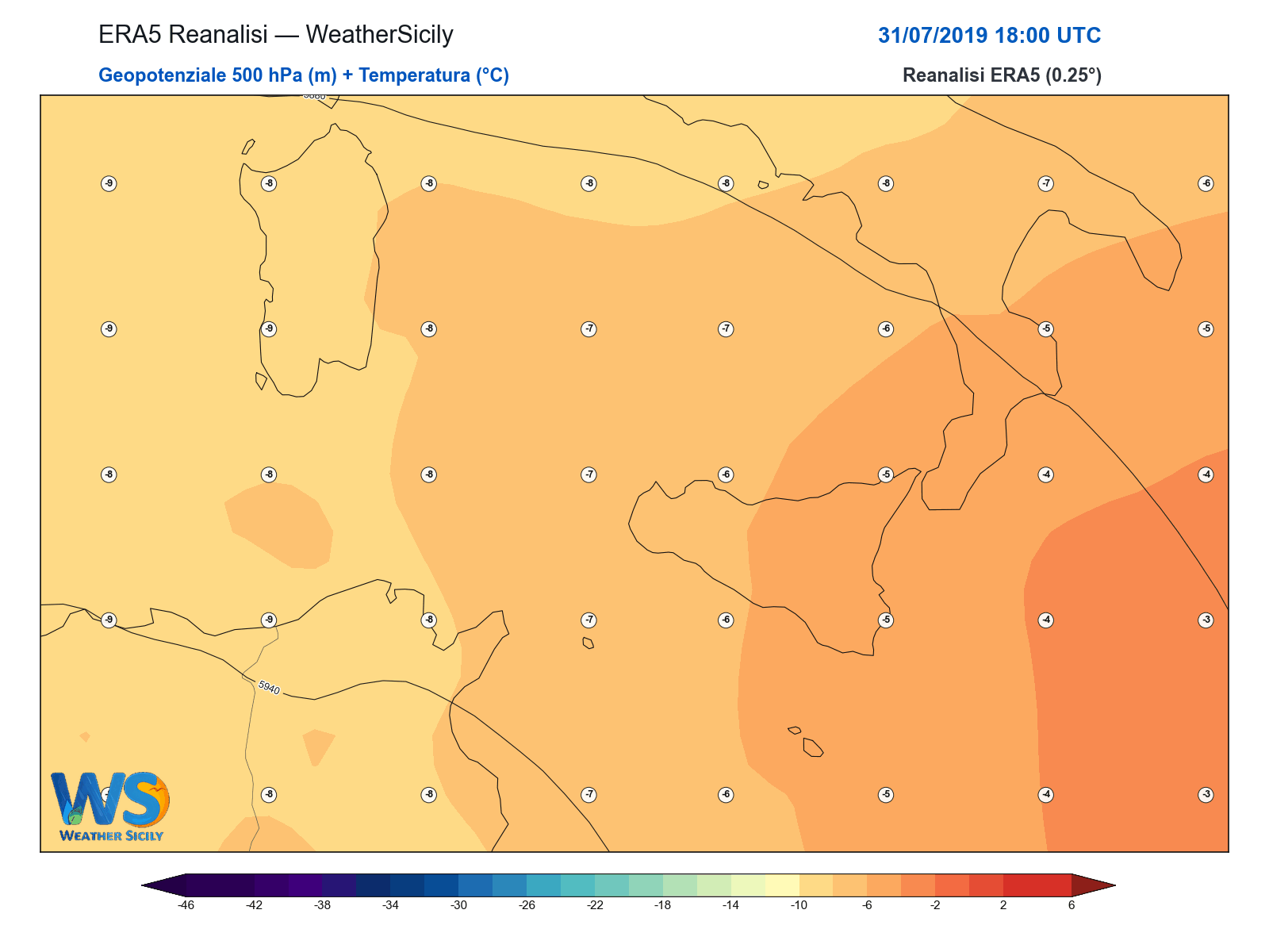 Geopotenziale 500 hPa + Temperatura · 2019073118