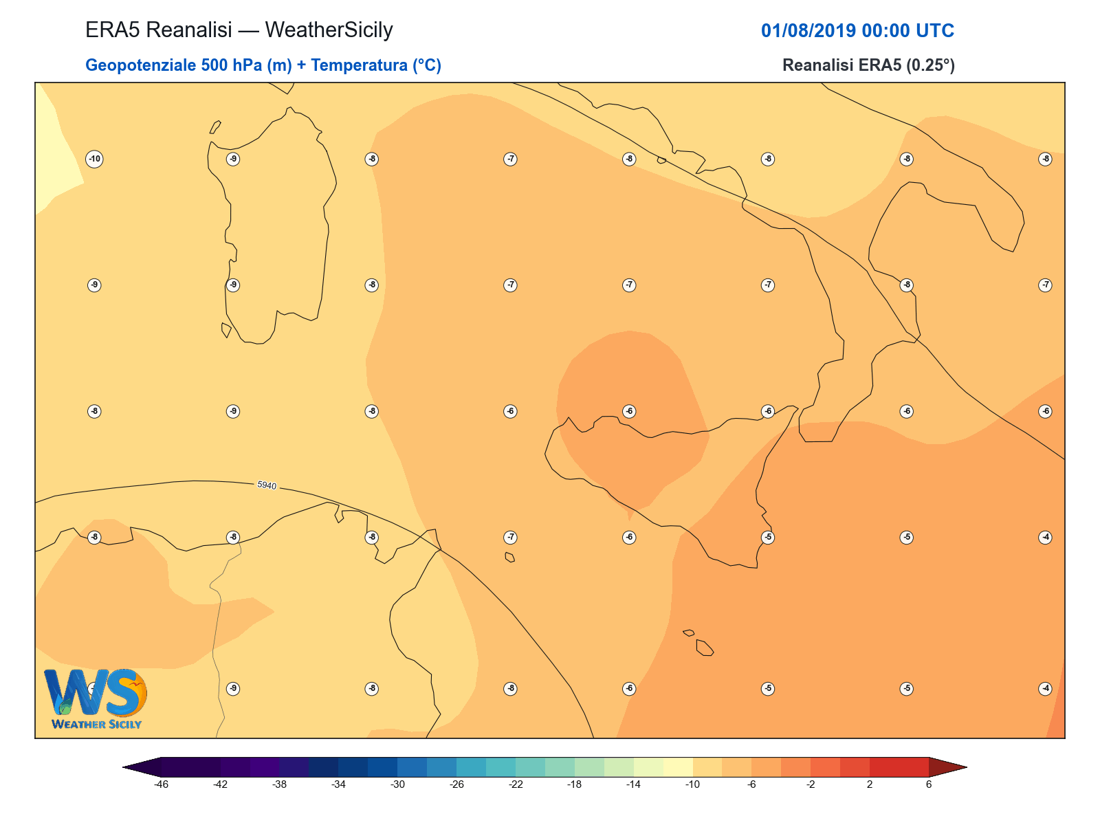 Geopotenziale 500 hPa + Temperatura · 2019080100