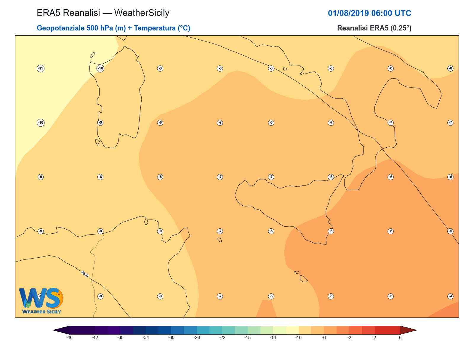 Geopotenziale 500 hPa + Temperatura · 2019080106