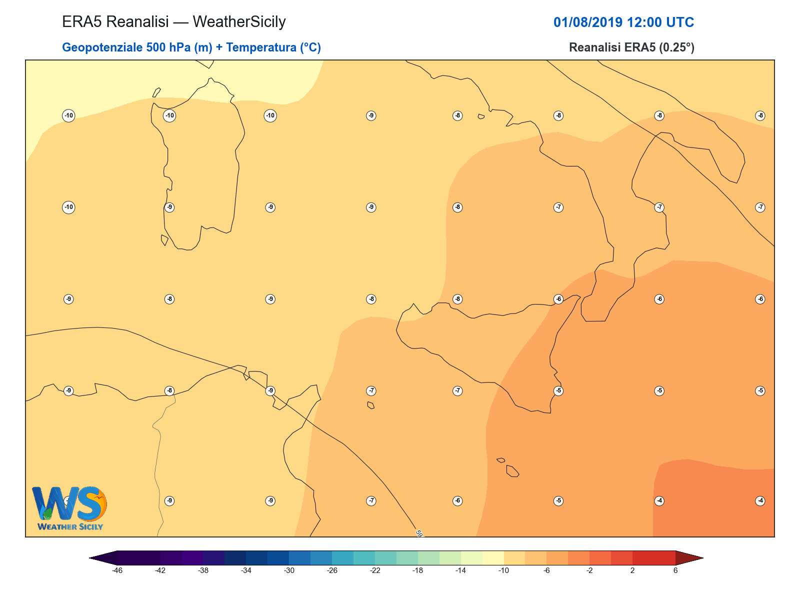Geopotenziale 500 hPa + Temperatura · 2019080112