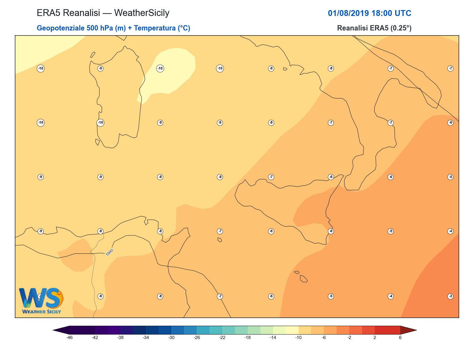 Geopotenziale 500 hPa + Temperatura · 2019080118