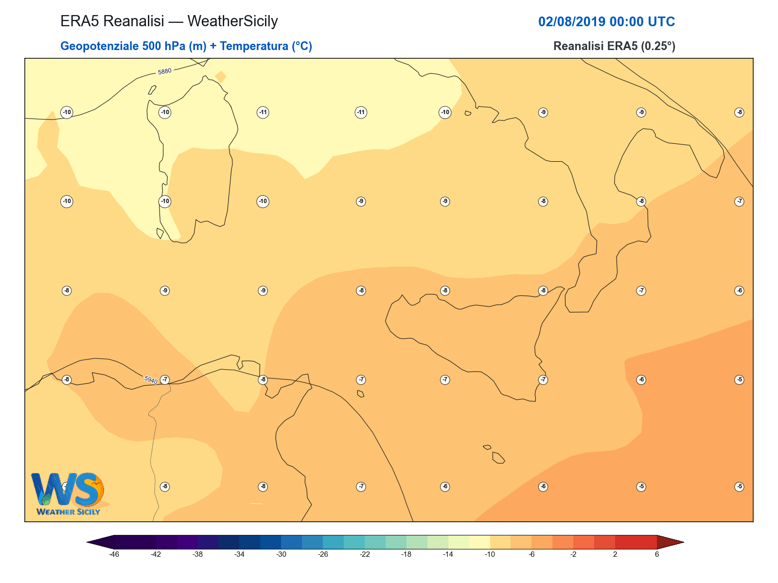 Geopotenziale 500 hPa + Temperatura · 2019080200