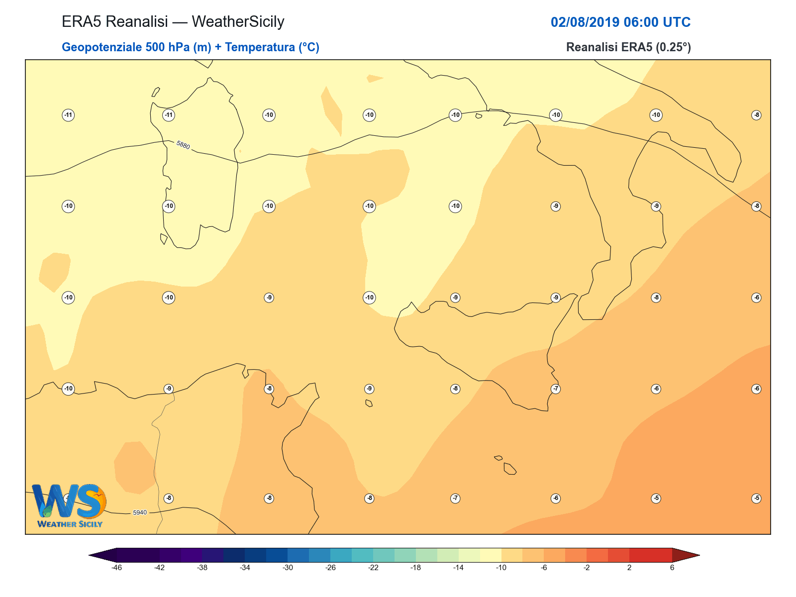 Geopotenziale 500 hPa + Temperatura · 2019080206