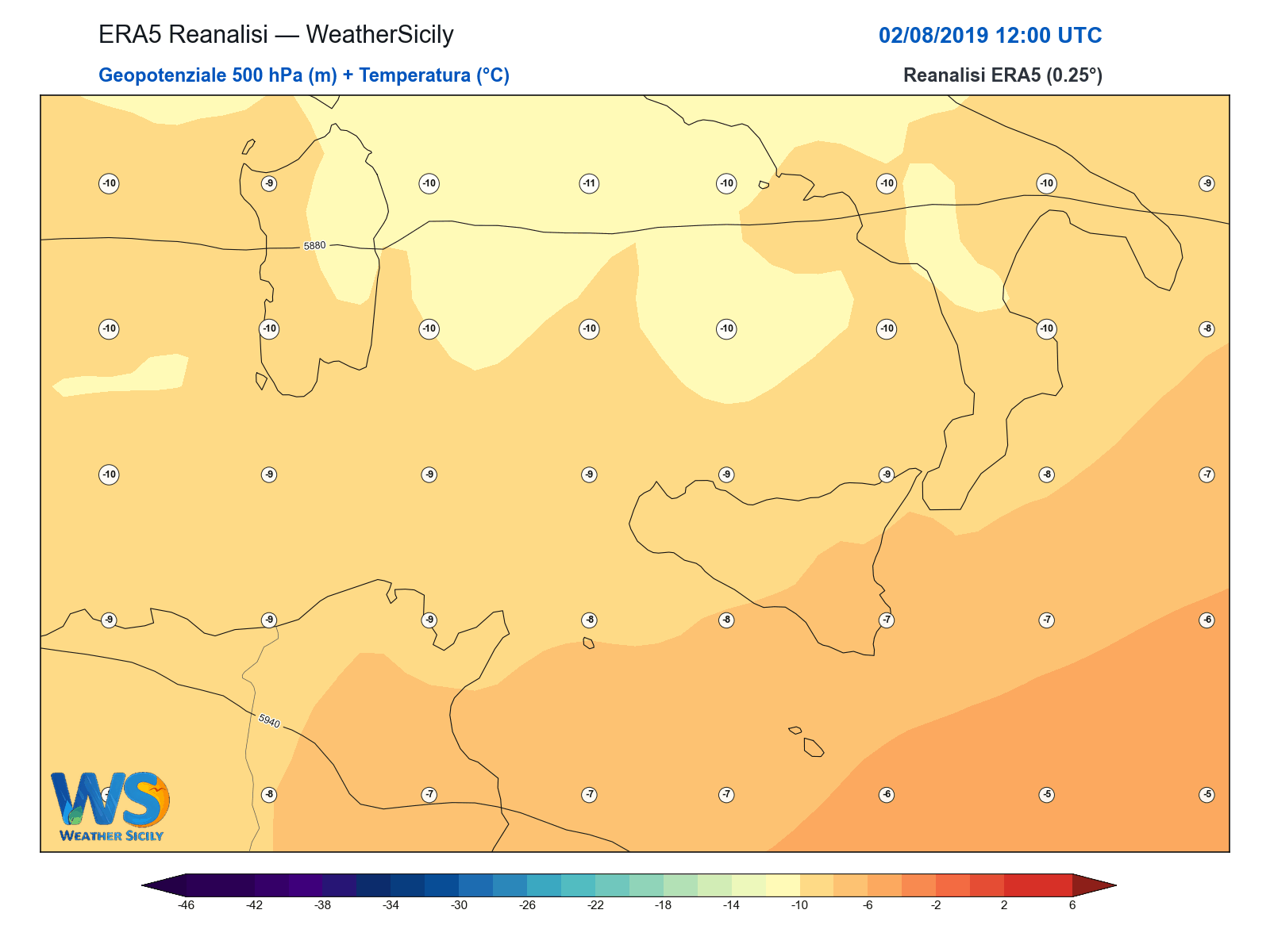 Geopotenziale 500 hPa + Temperatura · 2019080212