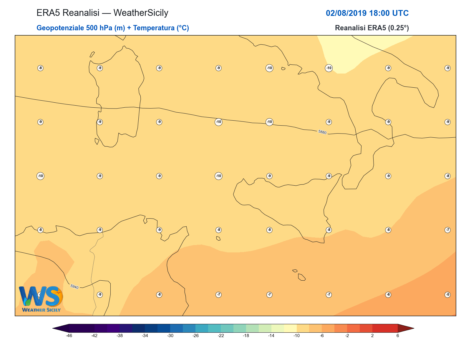 Geopotenziale 500 hPa + Temperatura · 2019080218