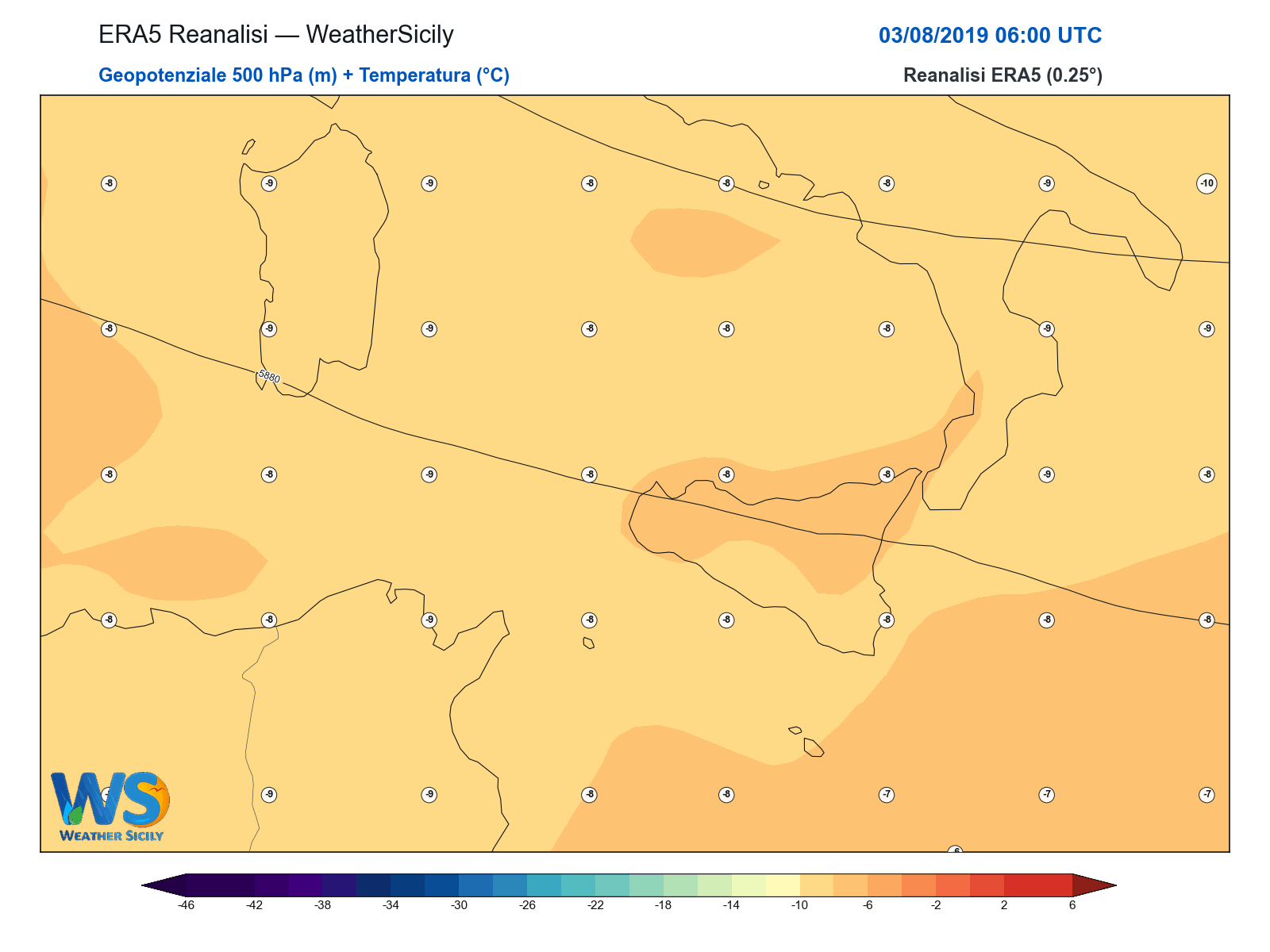 Geopotenziale 500 hPa + Temperatura · 2019080306