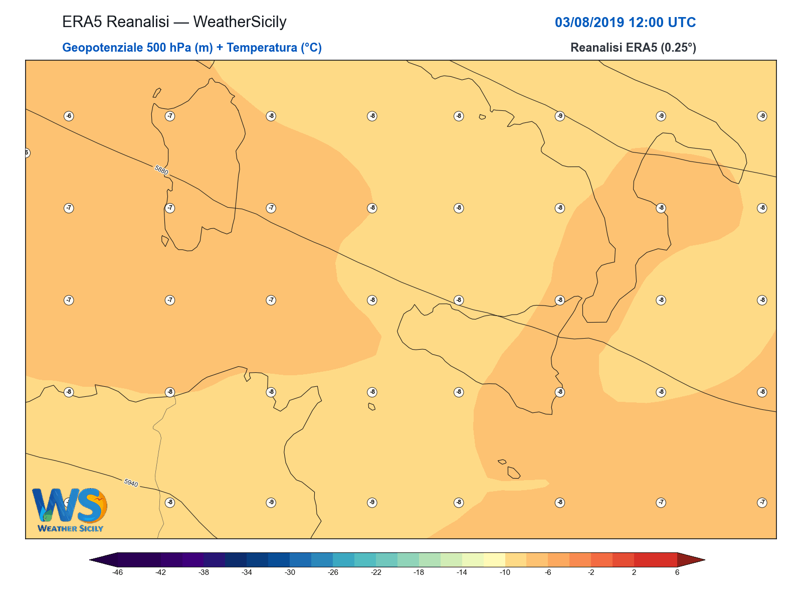 Geopotenziale 500 hPa + Temperatura · 2019080312