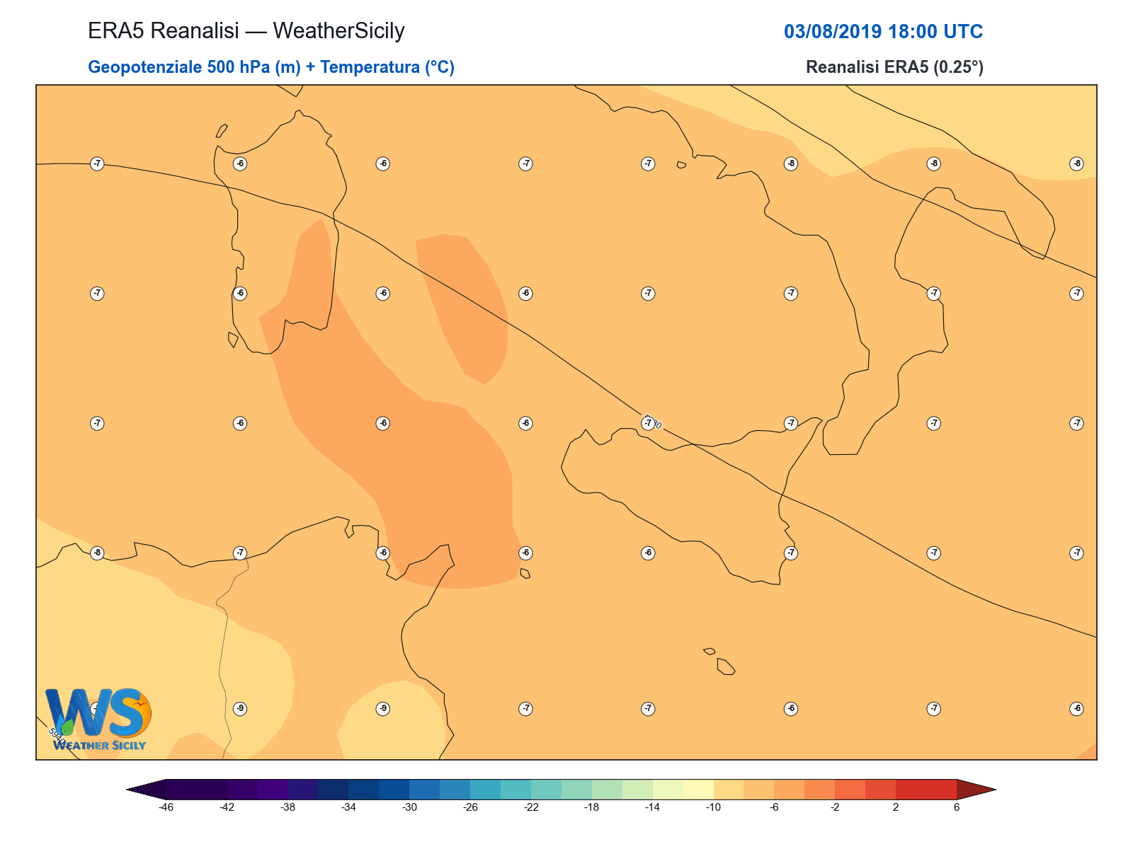 Geopotenziale 500 hPa + Temperatura · 2019080318