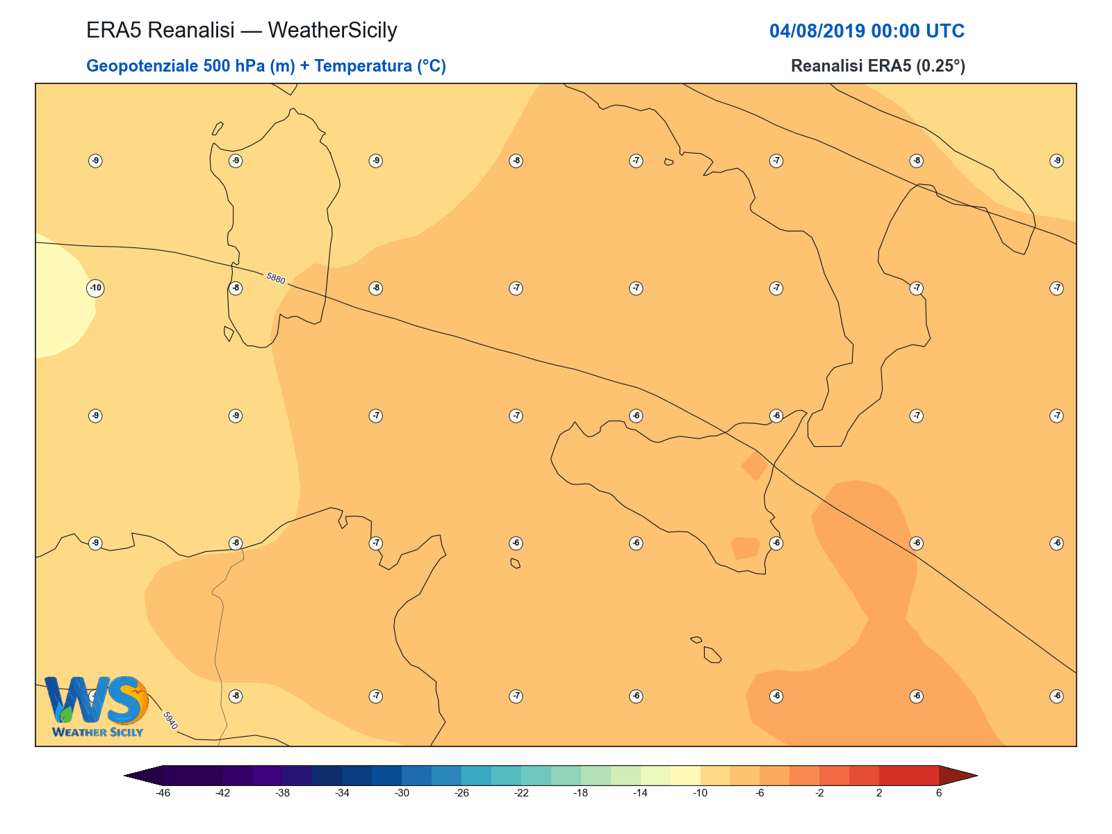 Geopotenziale 500 hPa + Temperatura · 2019080400