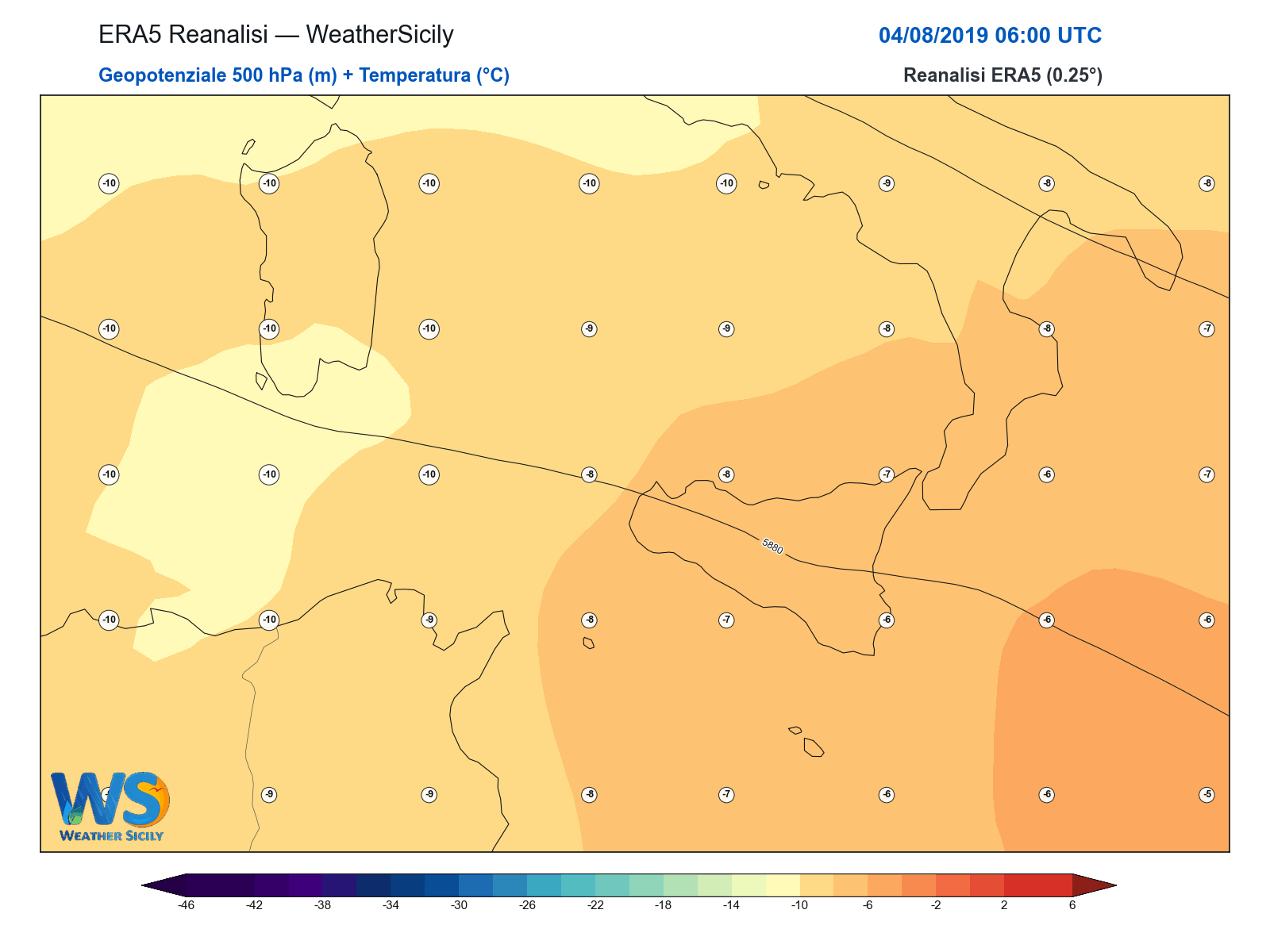 Geopotenziale 500 hPa + Temperatura · 2019080406